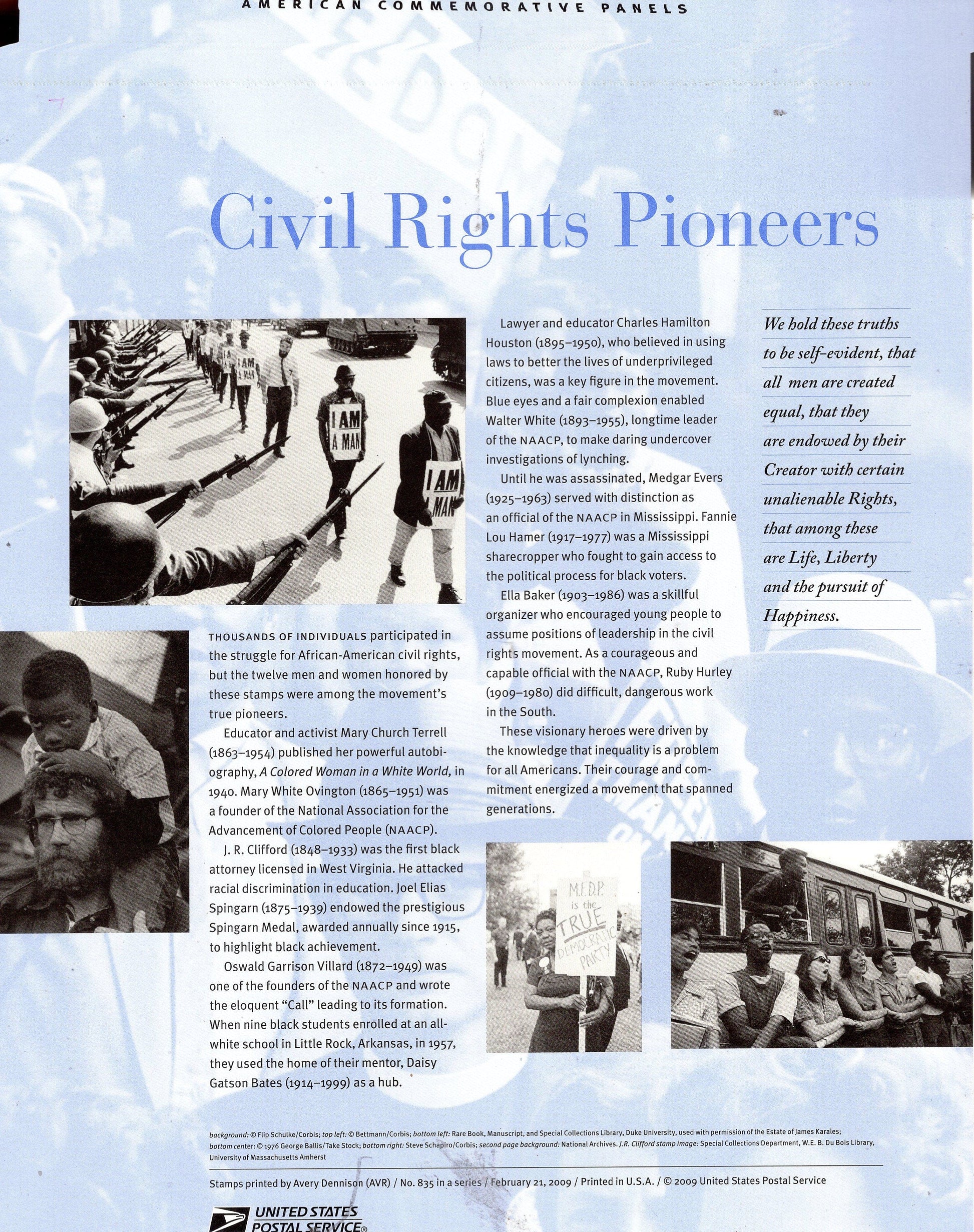 CIVIL RIGHTS PIONEERS Black Heritage Commemorative Panels w/ Sheet of 6