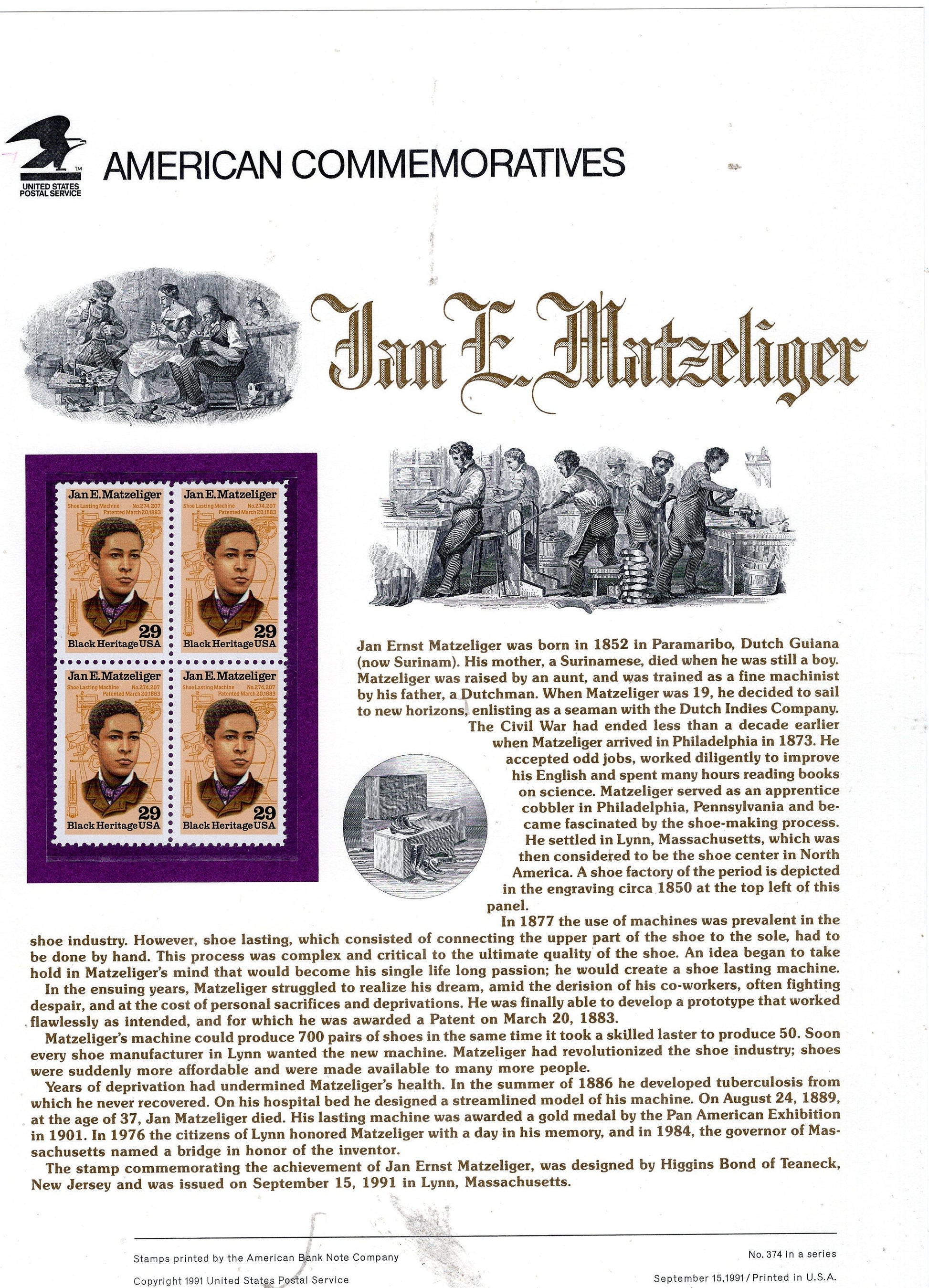JAN MATZELIGER Black Heritage American Inventor Commemorative Panel w/ Block of 4