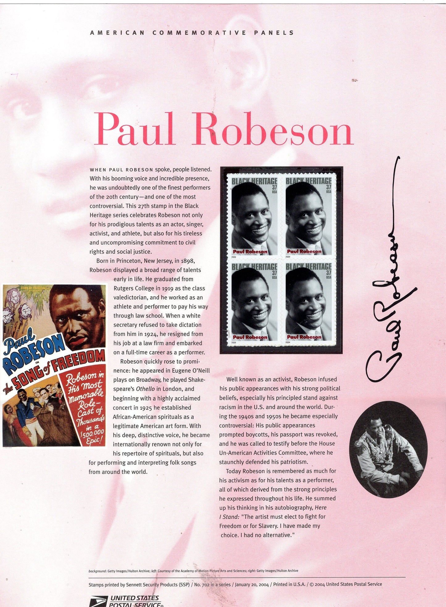 PAUL ROBESON Black Heritage Actor Singer Rights Commemorative Panel with Block of 4