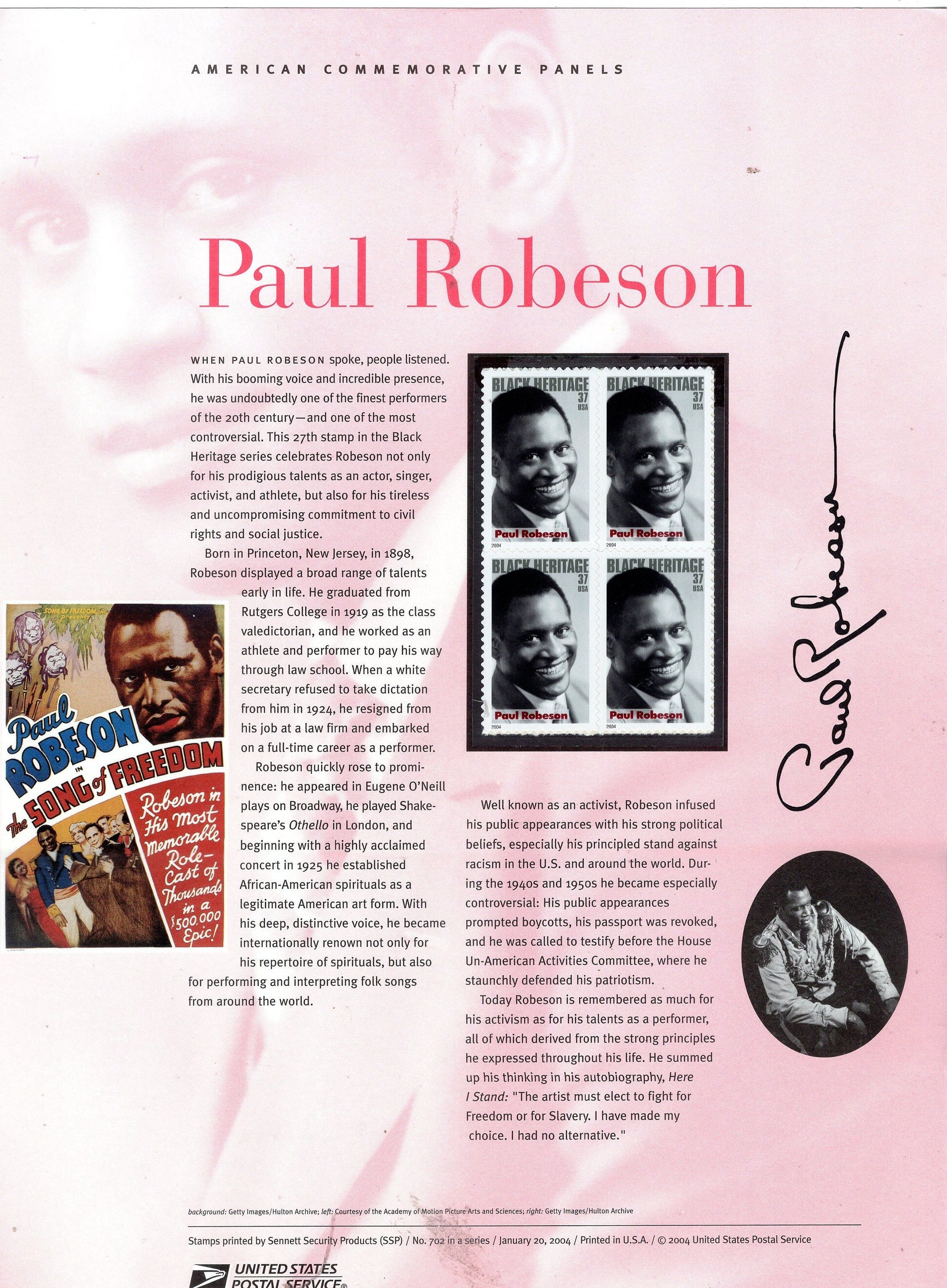 PAUL ROBESON Black Heritage Actor Singer Rights Commemorative Panel with Block of 4