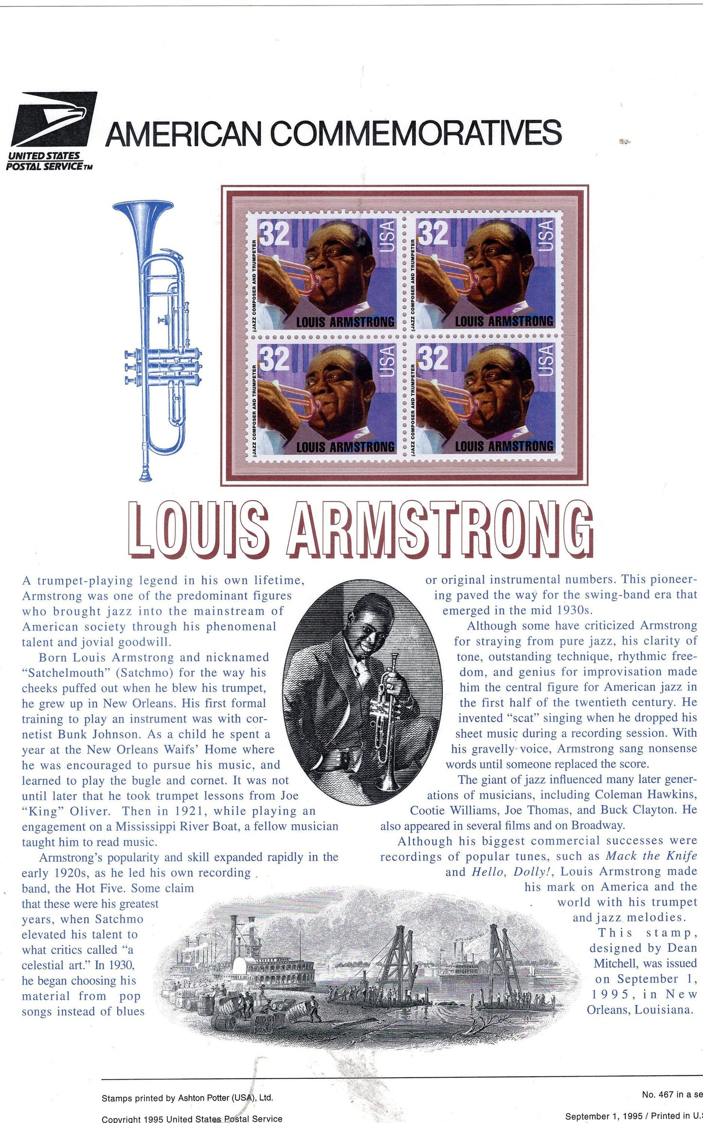 LOUIS ARMSTRONG Black Heritage Jazz Music Trumpet Commemorative Panel w/ Block of 4
