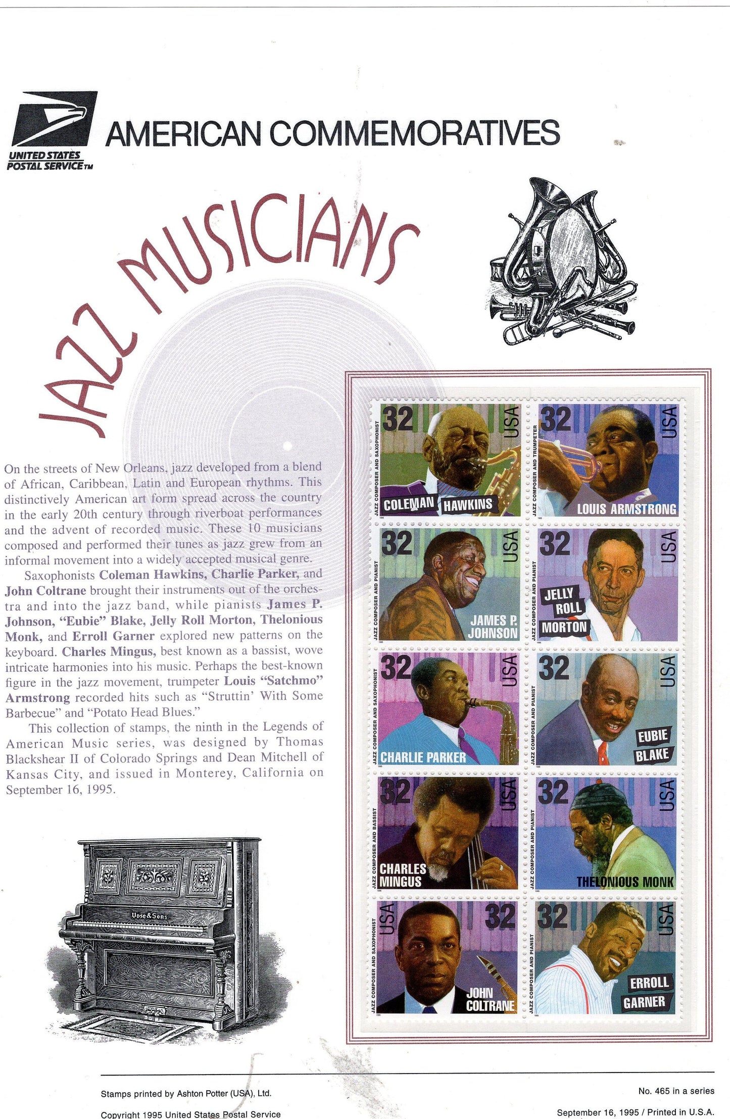 8 JAZZ MUSICIANS Black Heritage inc PARKER Music Commemorative Panel w/ Block of 4 - 95