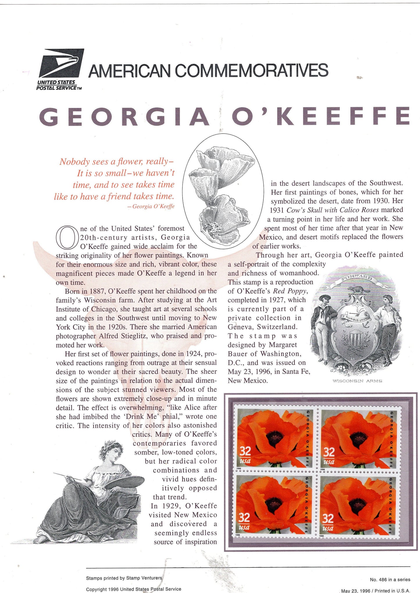 GEORGIA O'KEEFFE PAINTER Art Artist Poppy Flowers Commemorative Panel + 4 Keefe