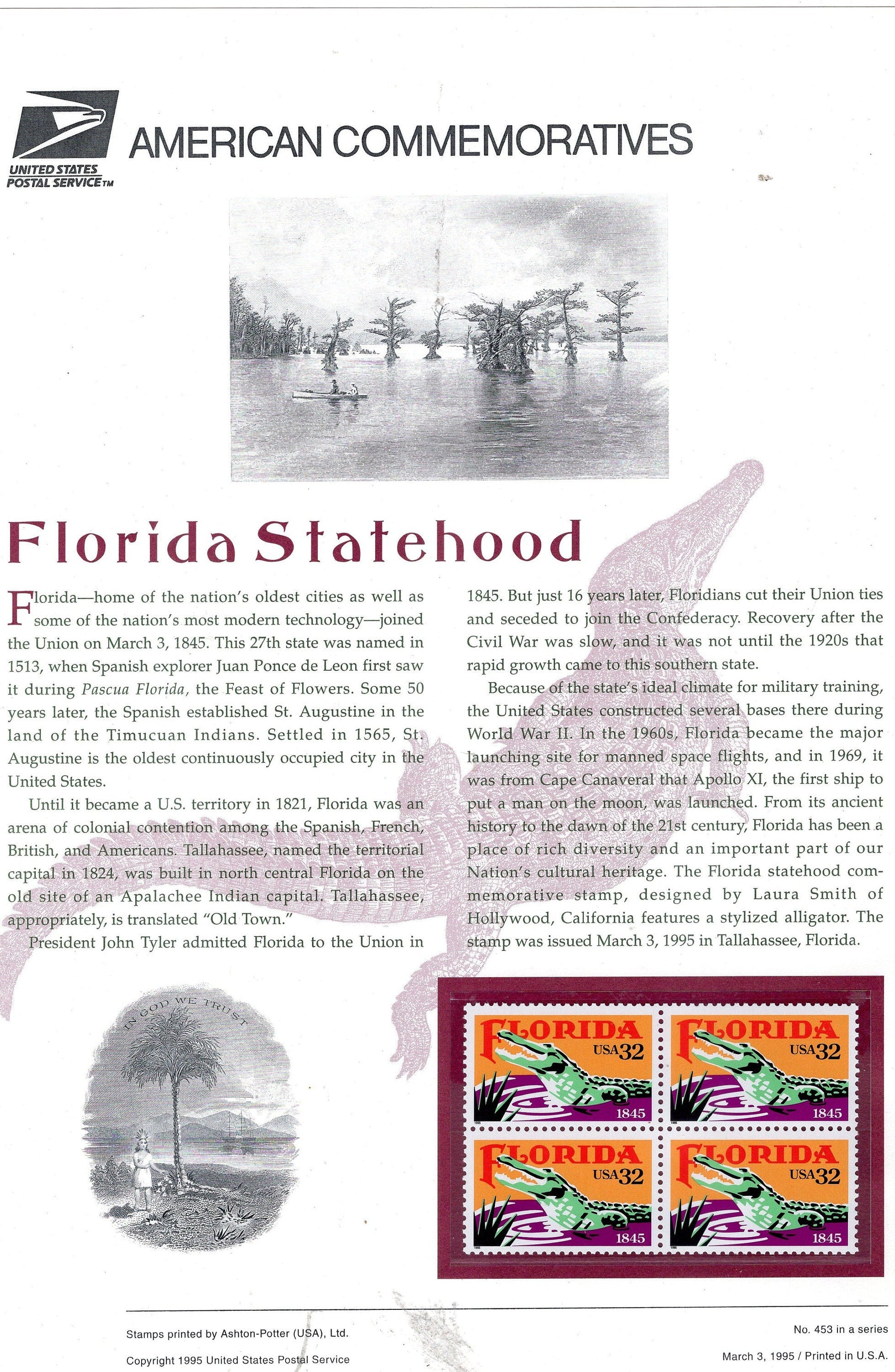 FLORIDA ALLIGATOR STATEHOOD Gator Swamp Commemorative Panel w/ 4