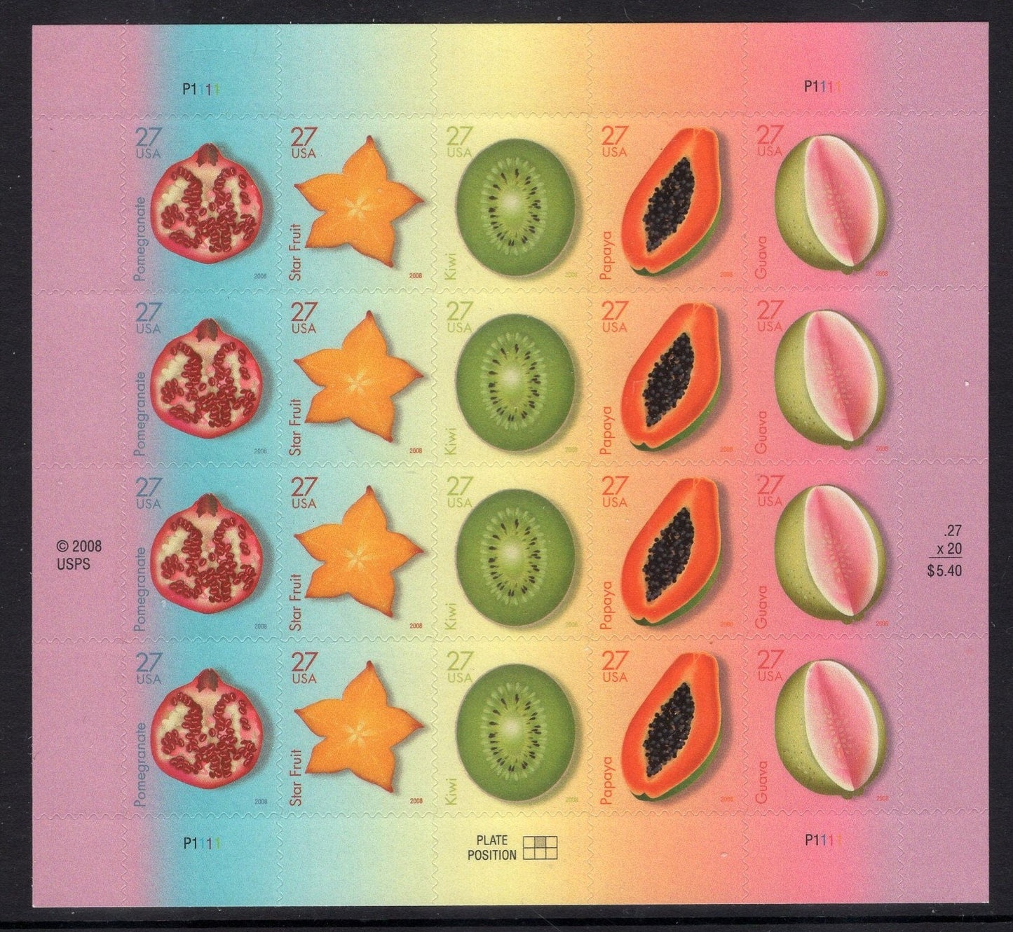 TROPICAL FRUITS inc KIWI Guava Papaya Star Pomegranate Sheet of 20