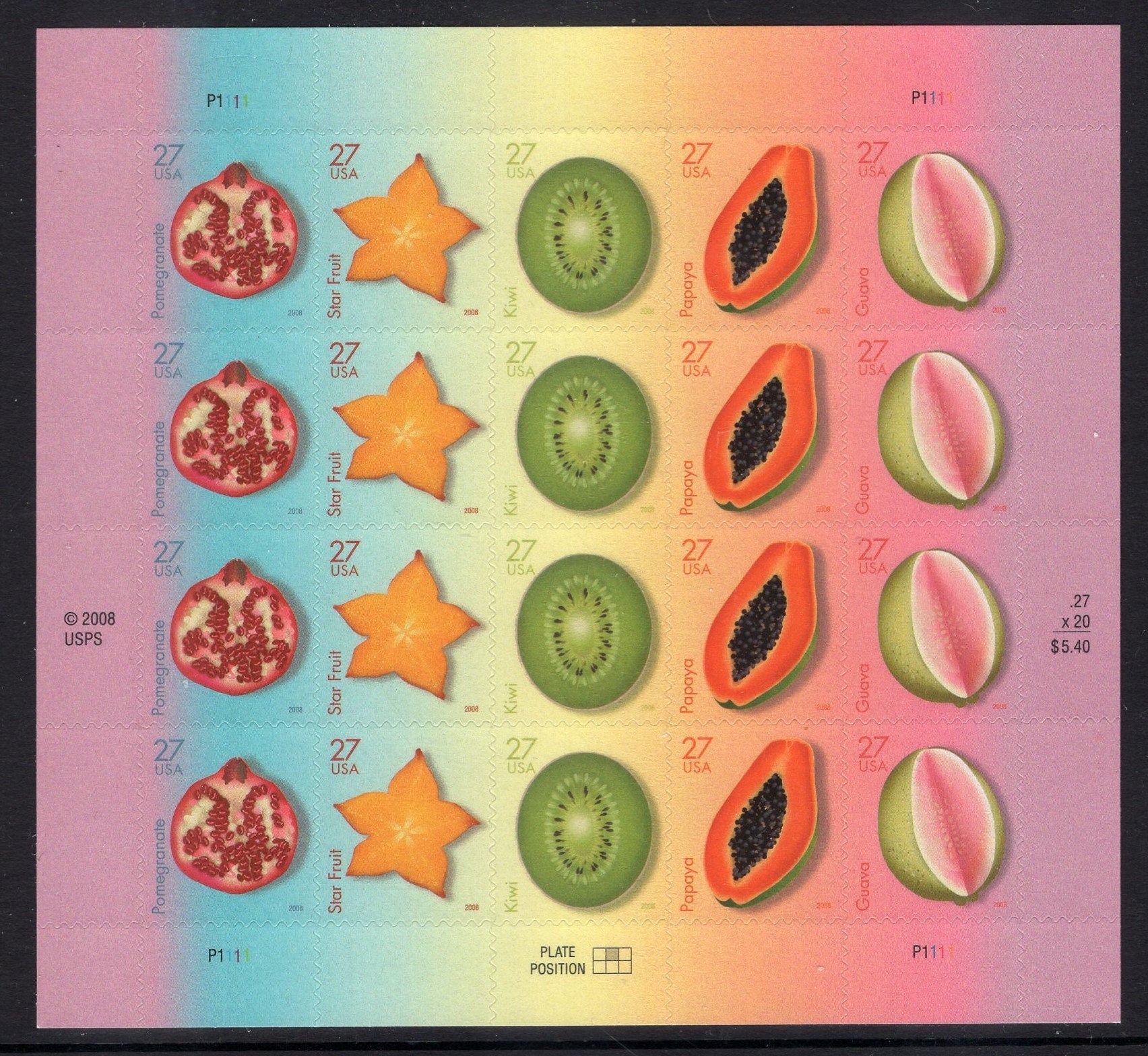 TROPICAL FRUITS inc KIWI Guava Papaya Star Pomegranate Sheet of 20