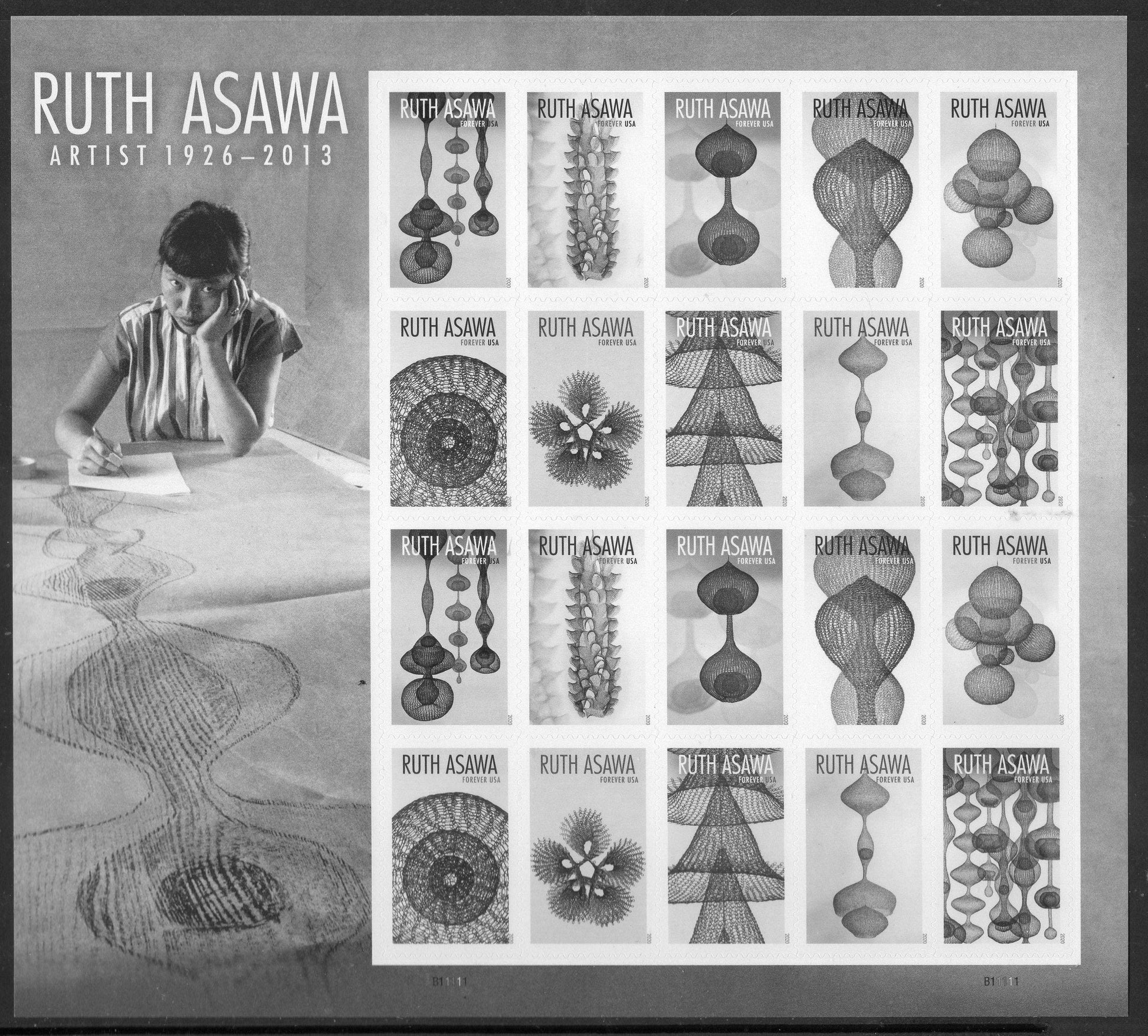RUTH ASAWA DECORATIVE Sheet of 20 (2 each of 10 different Art Designs) Wedding