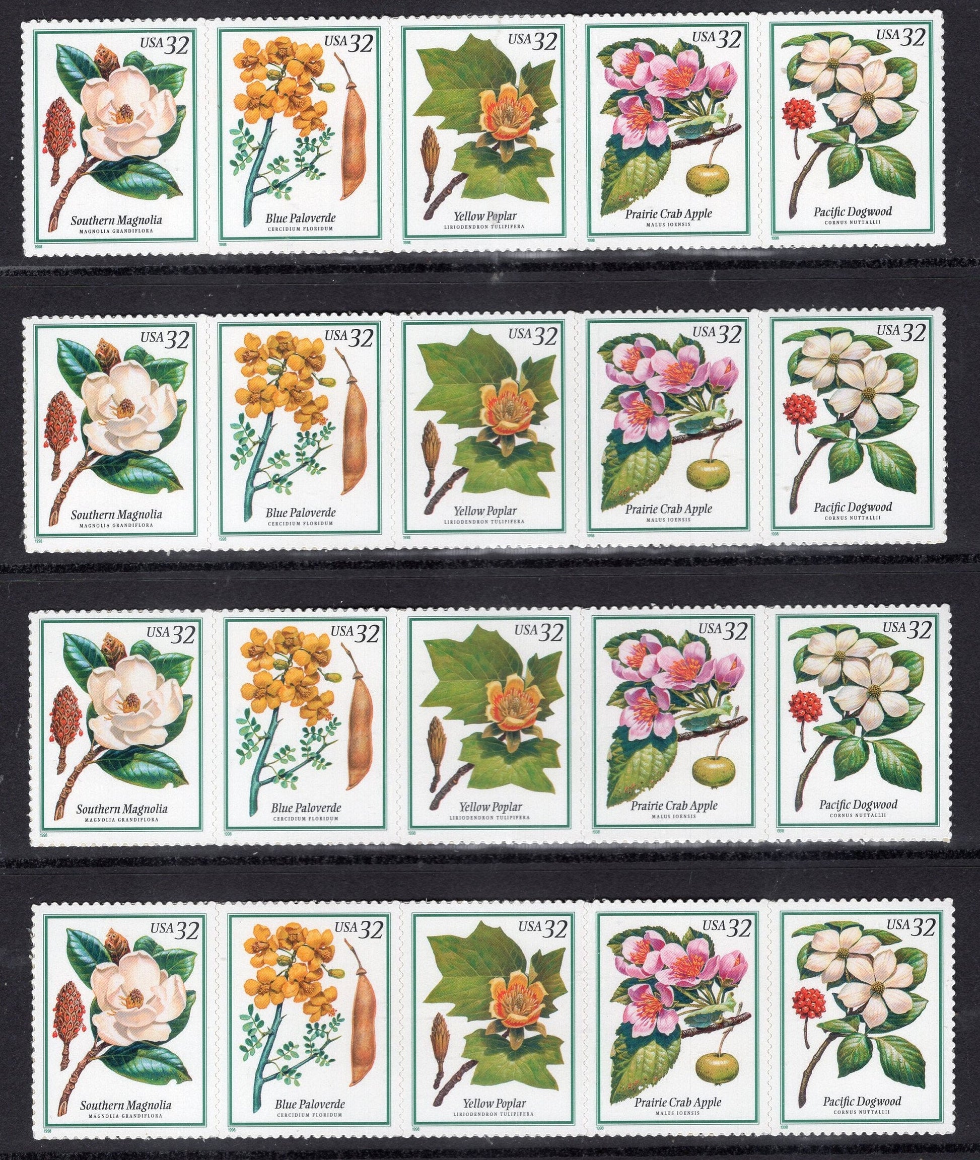 20 FLOWERING TREES inc MAGNOLIA Apple Dogwood (4 Strips of 5) 32c Self-adhesive for Weddings Invites