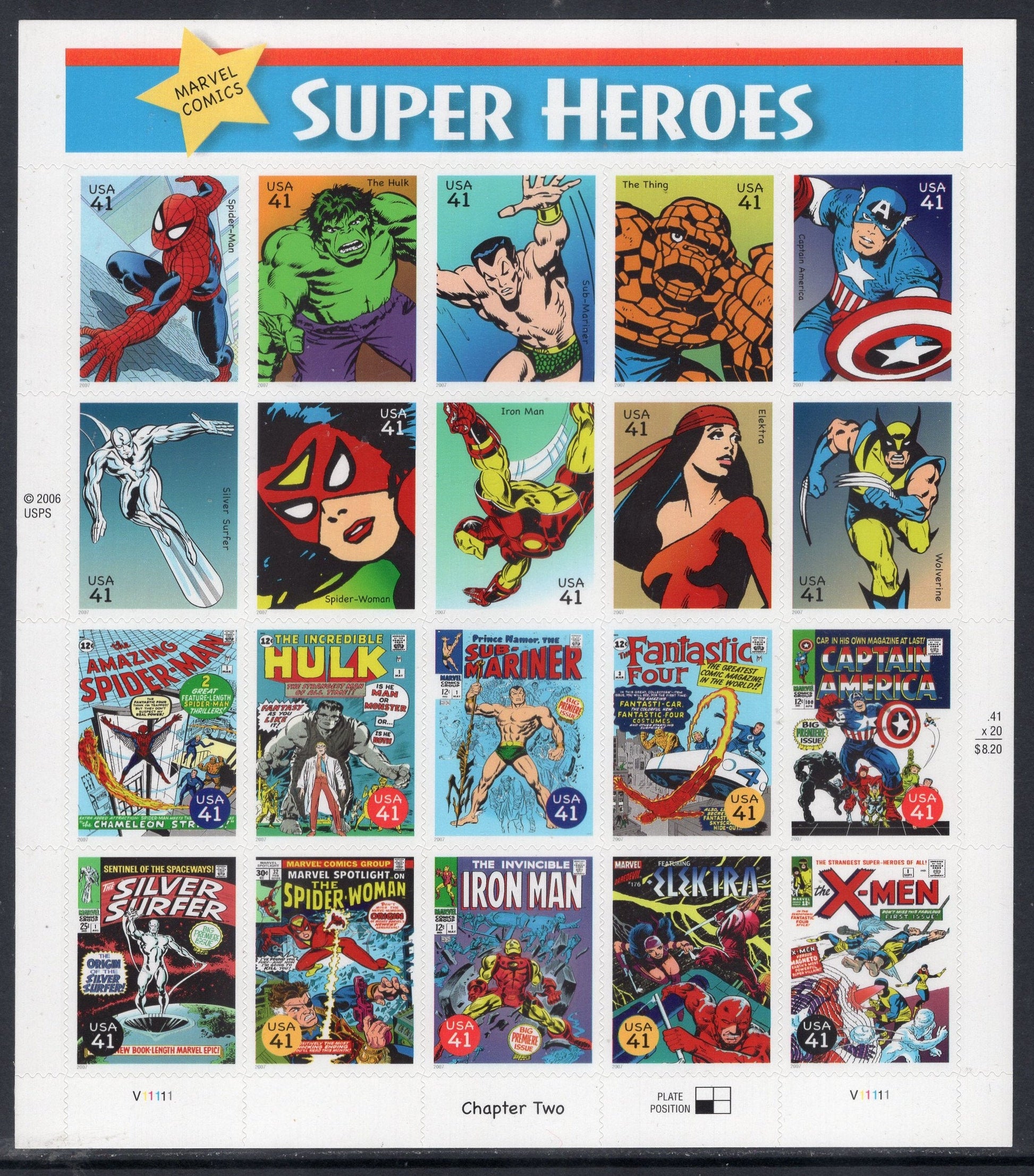 MARVEL COMICS DECORATIVE Super Heroes Sheet of 20 Spiderman The Hulk Spider Woman X-Men Silver Surfer Elektra