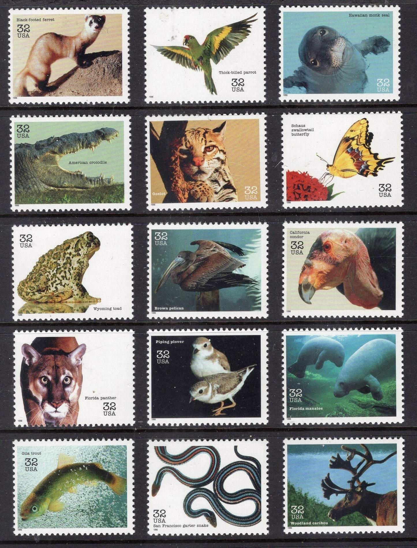 15 ENDANGERED SPECIES Pelican Parrot Croc Butterfly Snake Manatee Condor 32c