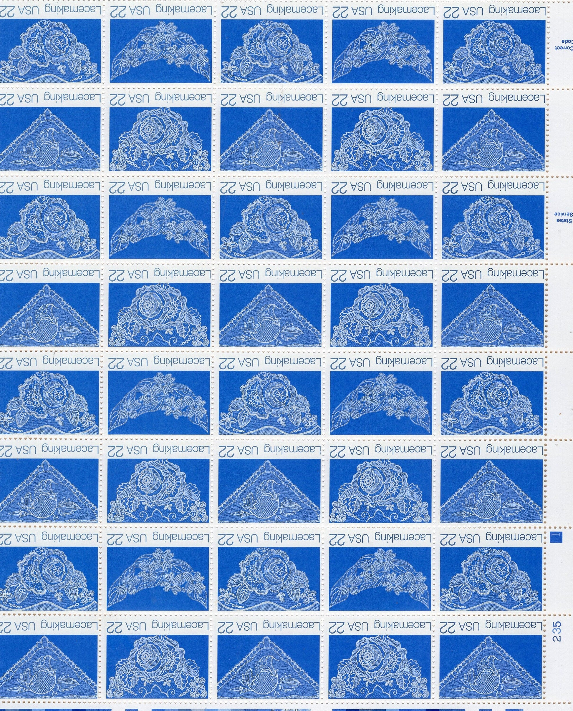 LACEMAKING LACE DELICATE Blue Sheet of 40 22c - 4 different Designs - Wedding