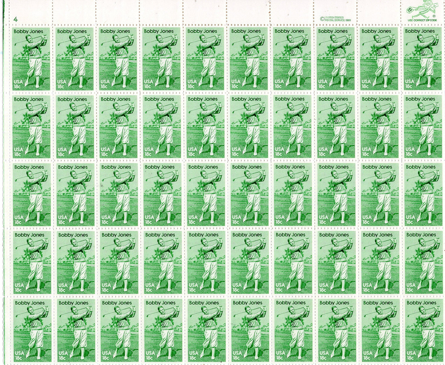 GOLF GREAT BOBBY Jones Sheet of 50 18c - Greatest Amateur Ever - Grand Slam Winner