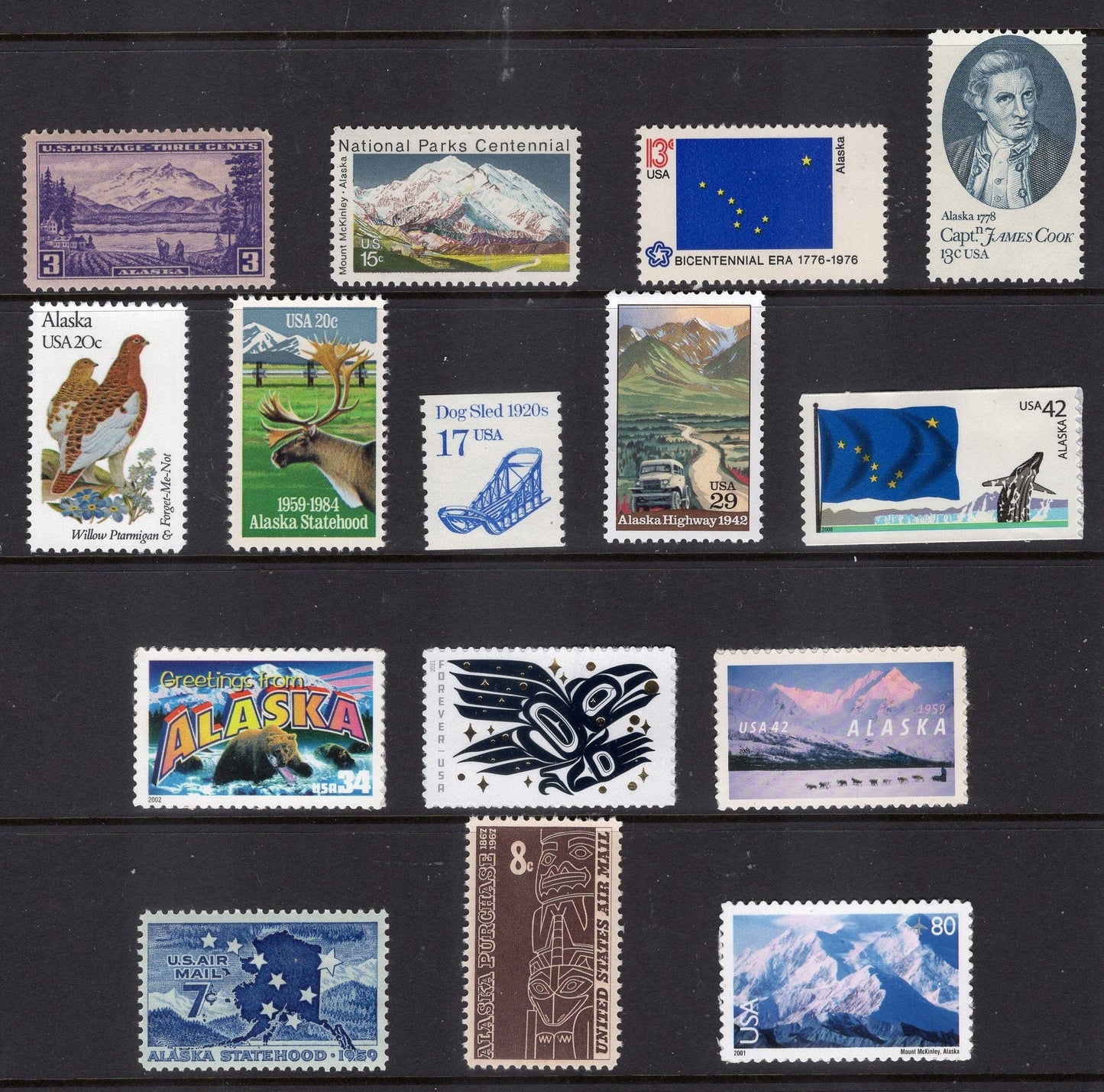ALASKA COLLECTION #3 - 28 with Seward, Arctic Tundra, Raven Story, State Flag, Mt McKinley, Sled