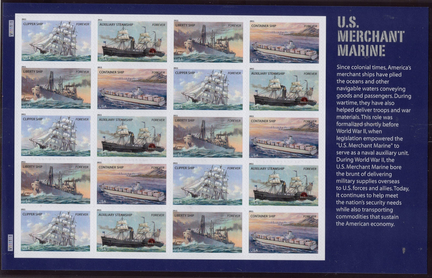 MERCHANT MARINE Decorative Sheet of 20 (4 different Ship Designs)