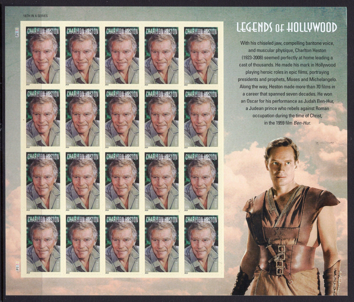 CHARLTON HESTON ACTOR Spartacus Academy Award Decorative Sheet of 20