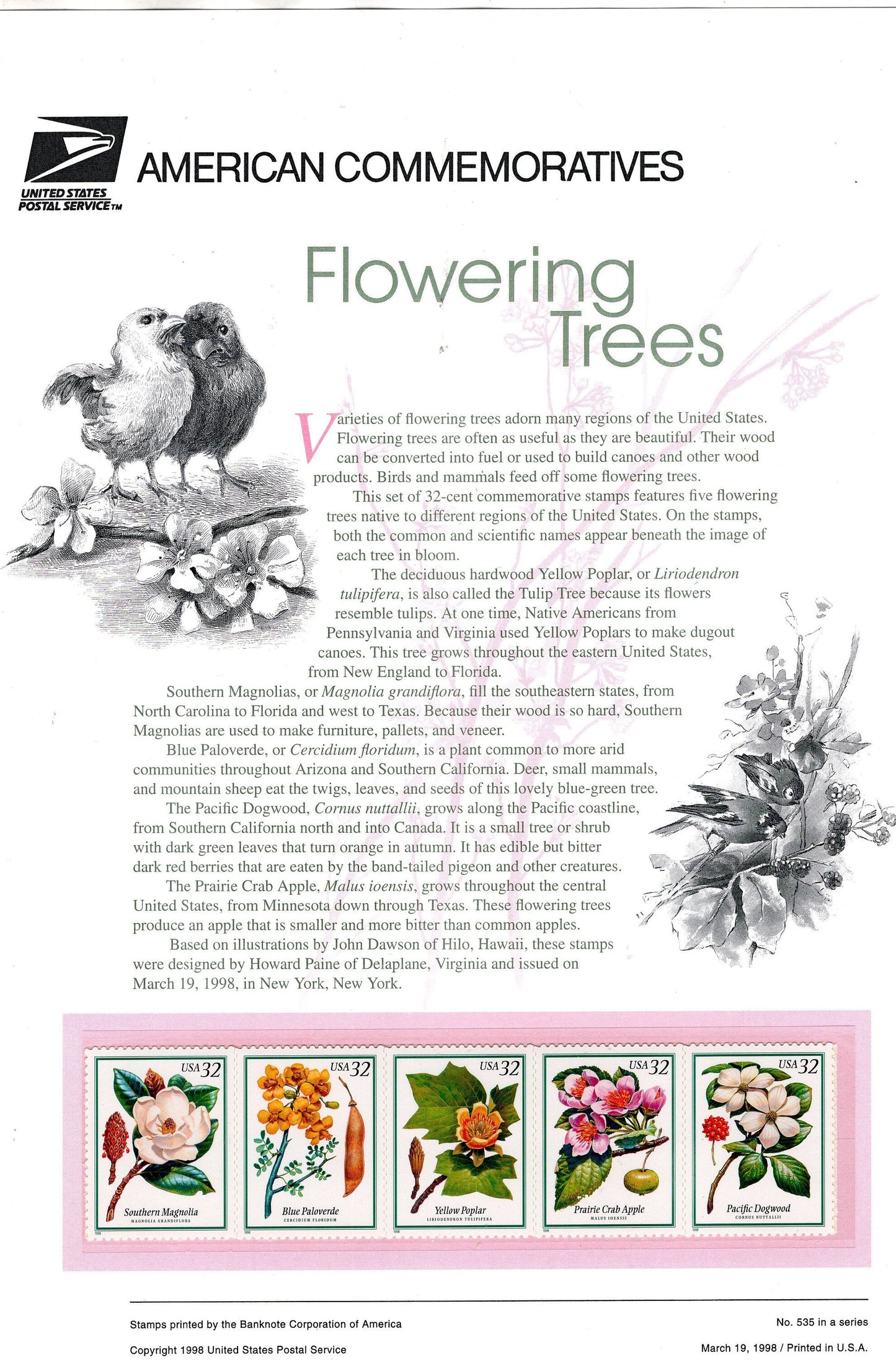 FLOWERING TREES STRIP of 5 Special Commemorative Panel