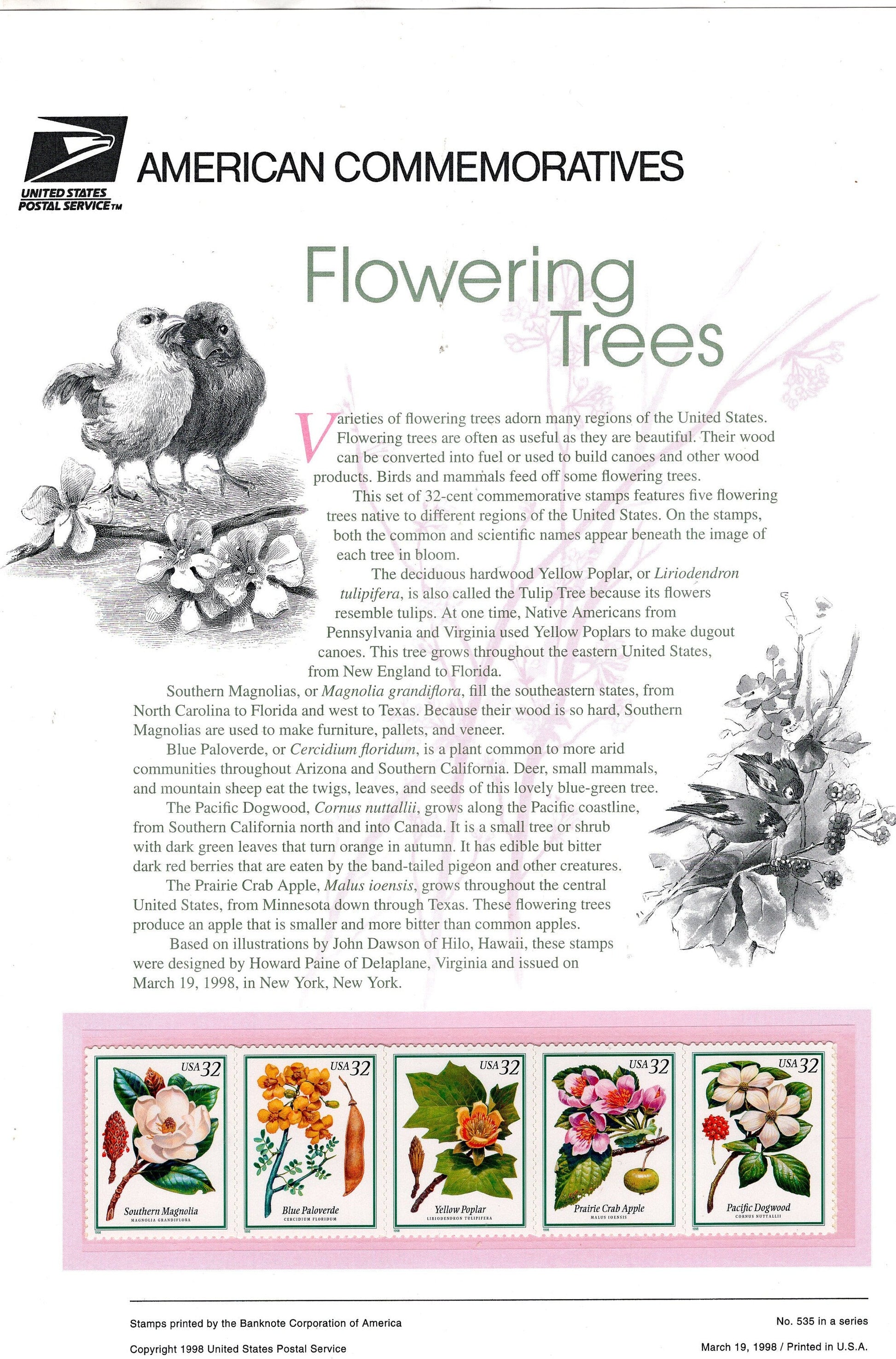 FLOWERING TREES STRIP of 5 Special Commemorative Panel