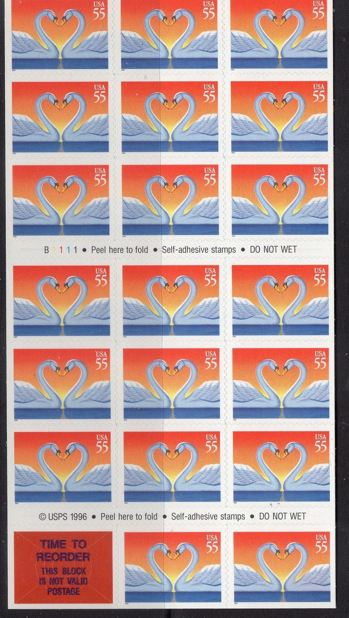 20 SWANS CREATING a LOVE Heart - Wedding Invitations 55c Self-adhesive