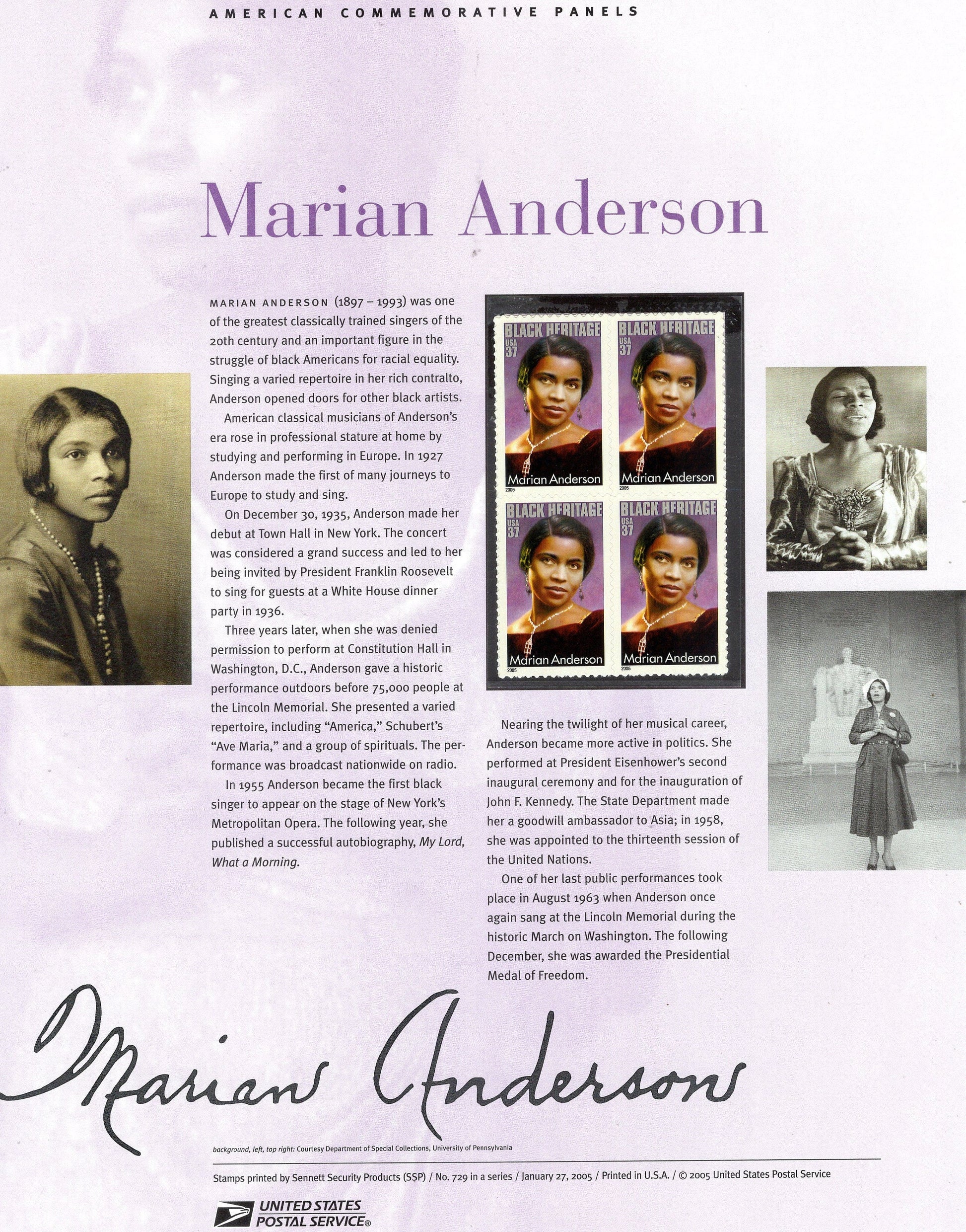 MARIAN ANDERSON BLACK Heritage Special Commemorative Panel