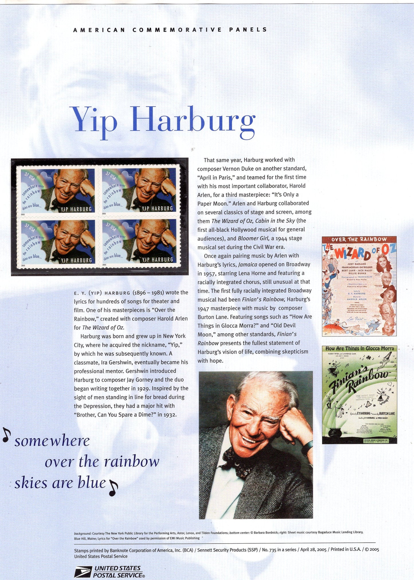 YIP HARBURG WIZARD of Oz Music Special Commemorative Panel
