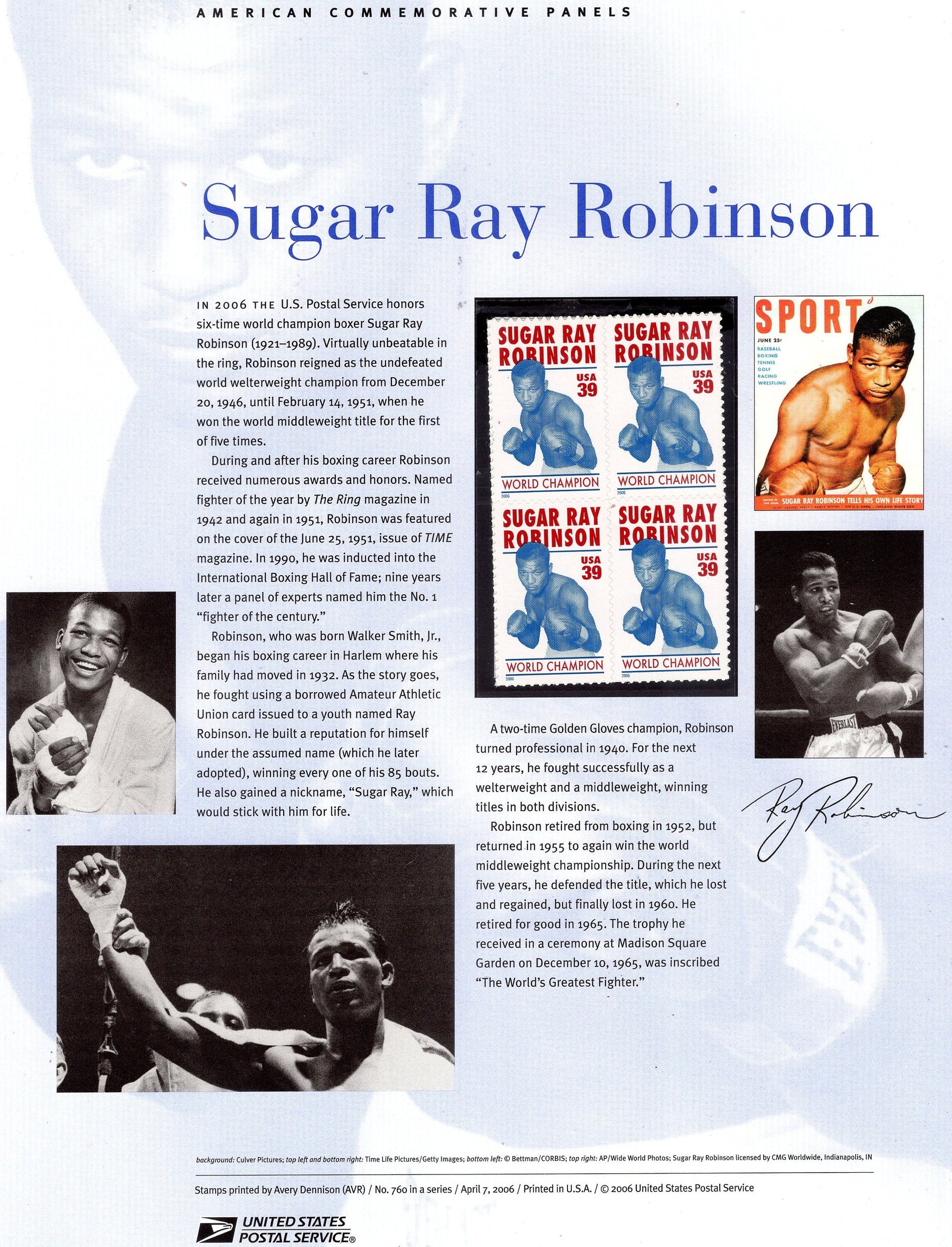 SUGAR RAY ROBINSON Boxer Champion Special Commemorative Panel