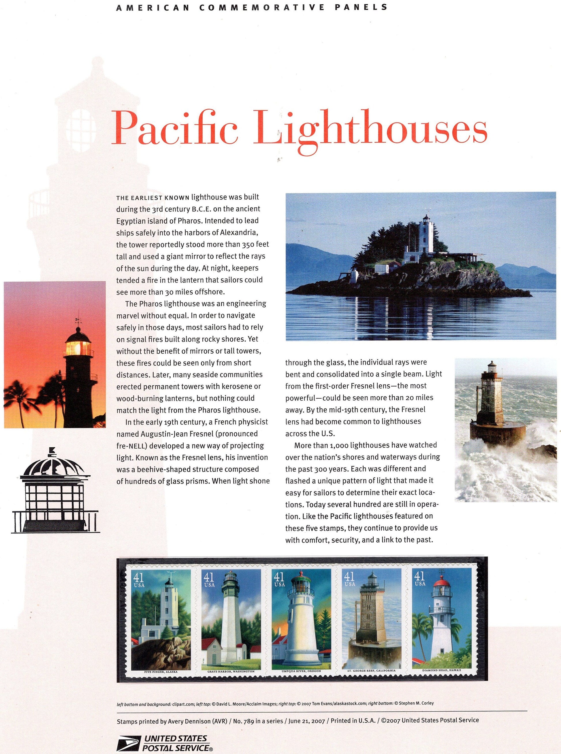 PACIFIC COAST LIGHTHOUSES Strip of 5 Commemorative Panel with 5