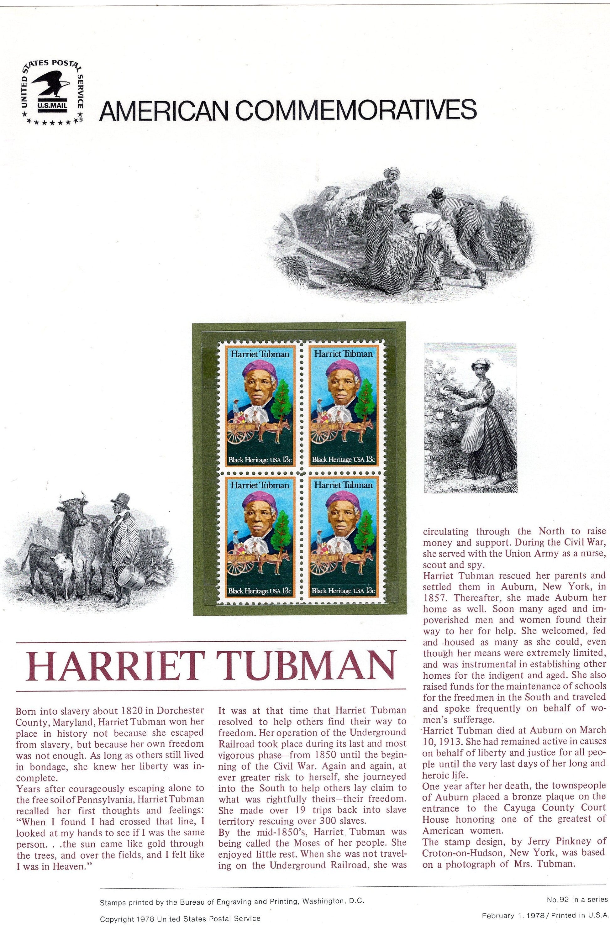HARRIET TUBMAN Black Heritage UNDERGROUND Railroad Commemorative Panel