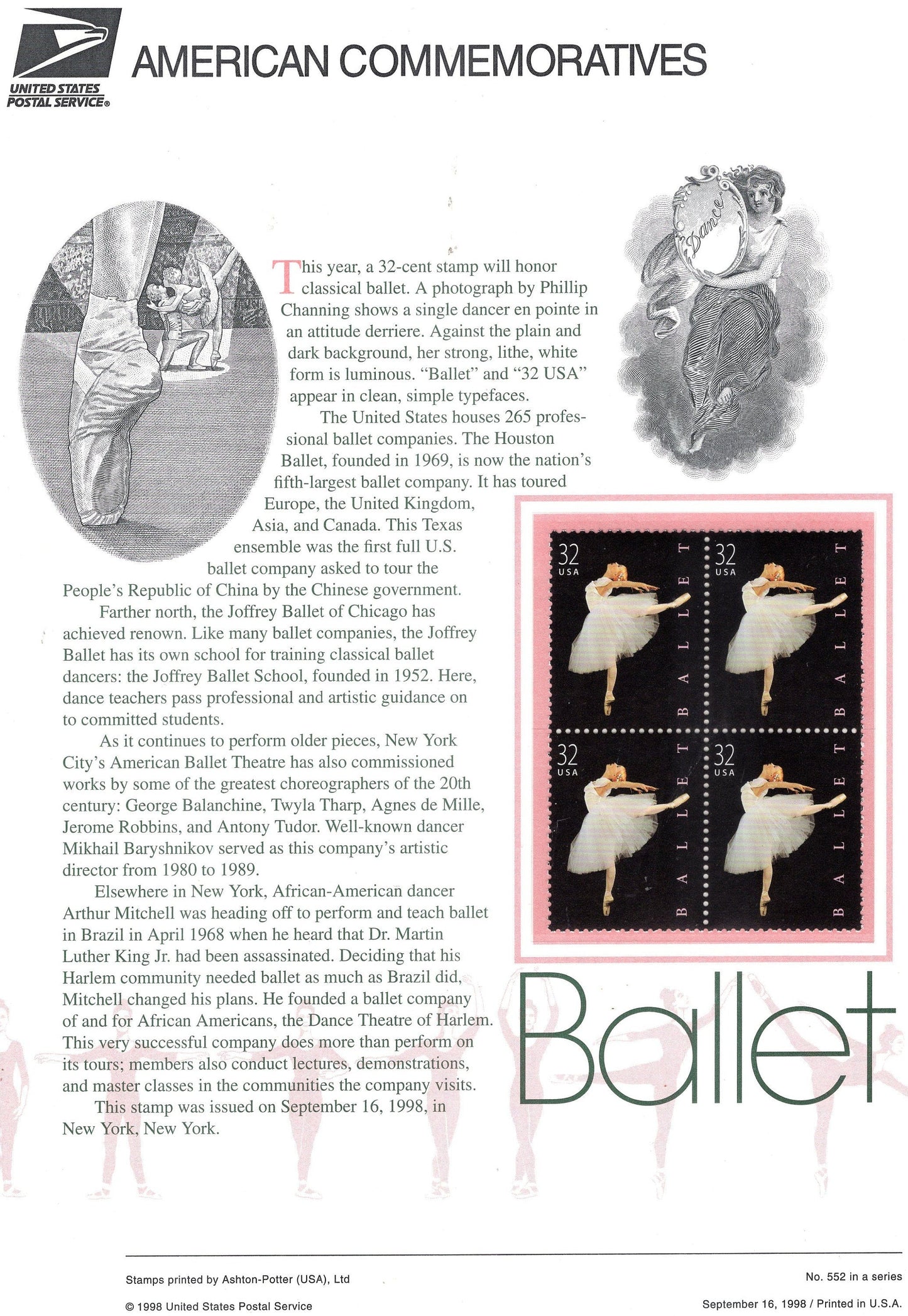 AMERICAN CLASSICAL BALLET Commemorative Panel with Block of 4