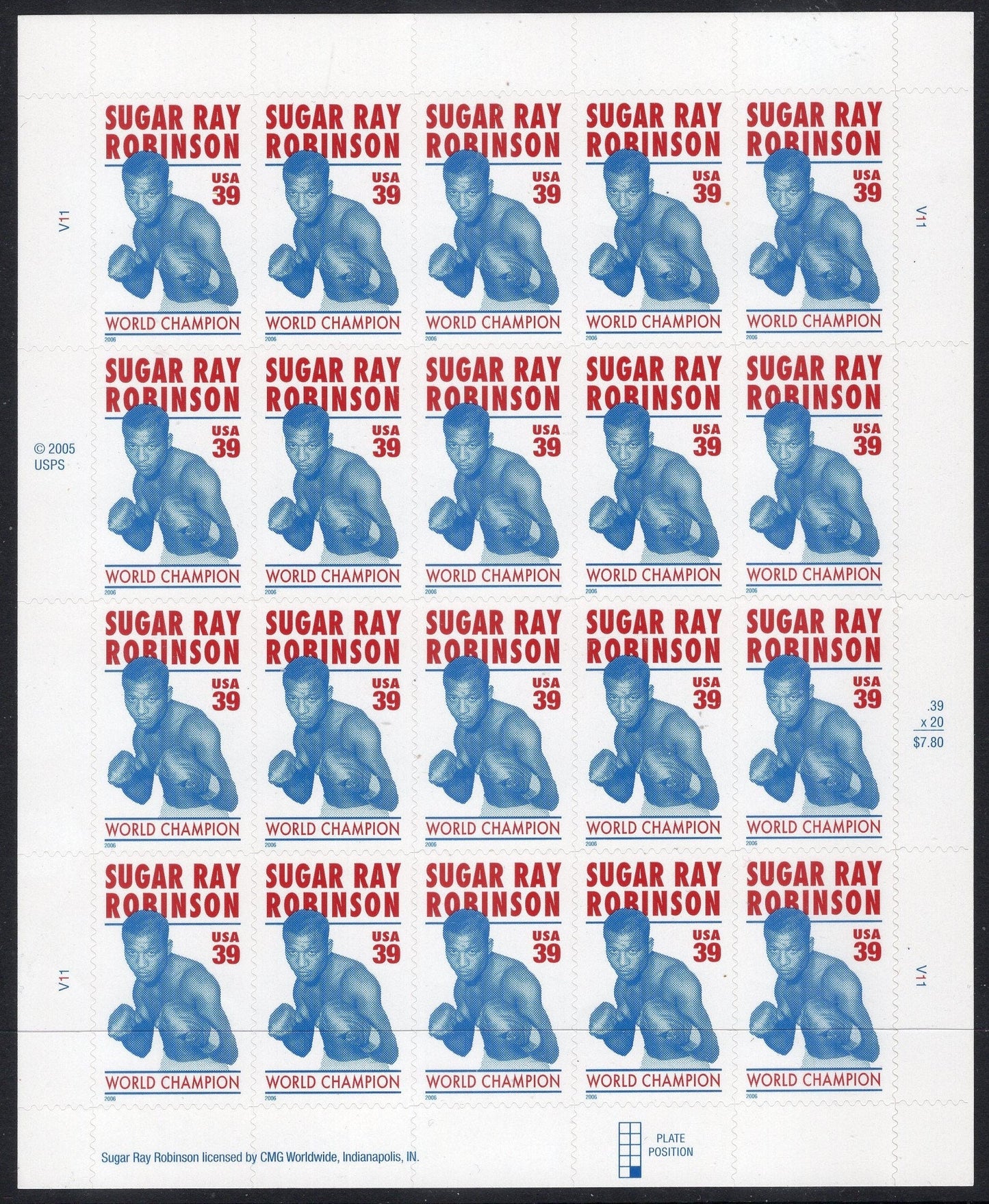 SUGAR RAY ROBINSON Boxing Champion Sheet of 20 Black American