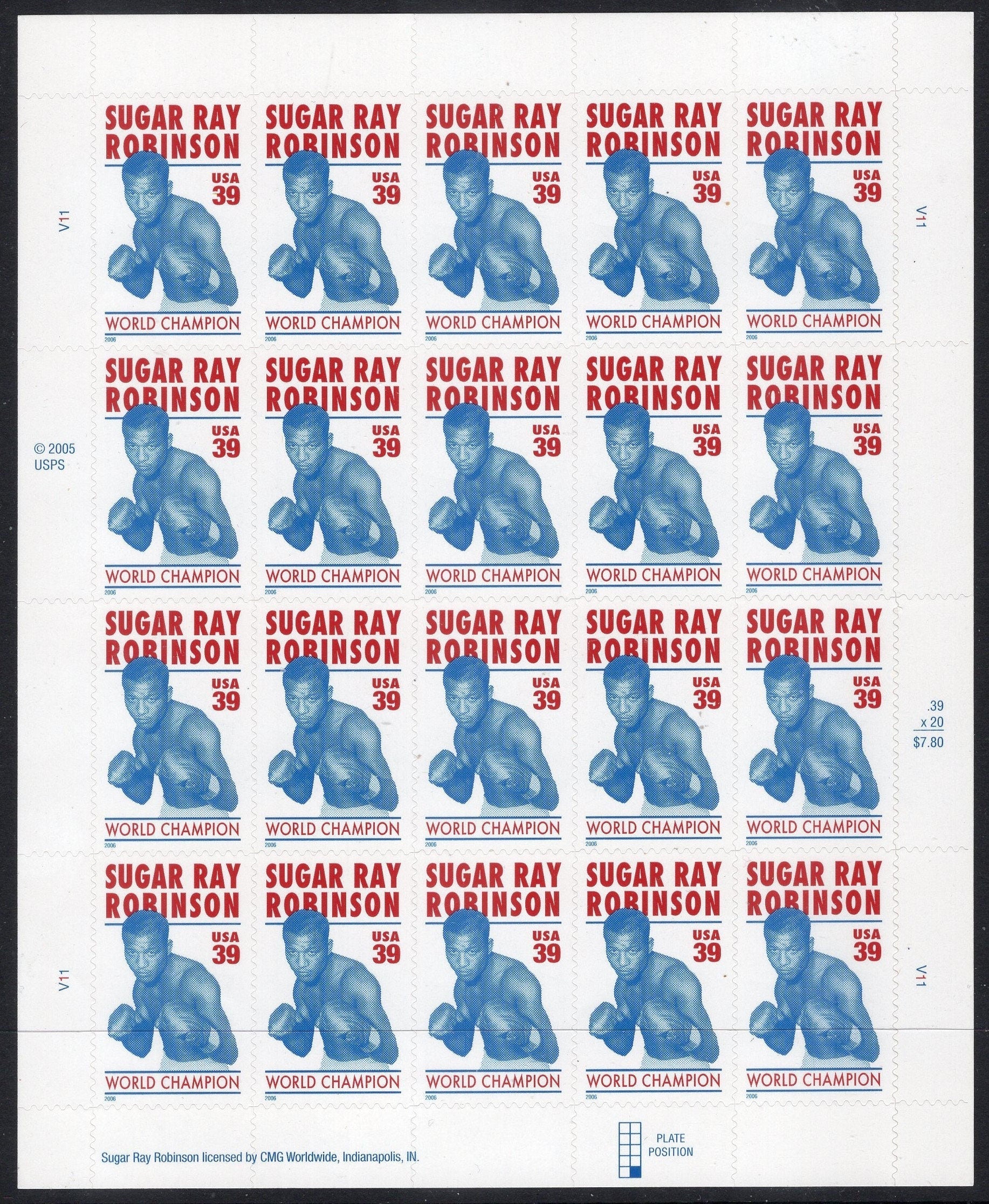 SUGAR RAY ROBINSON Boxing Champion Sheet of 20 Black American