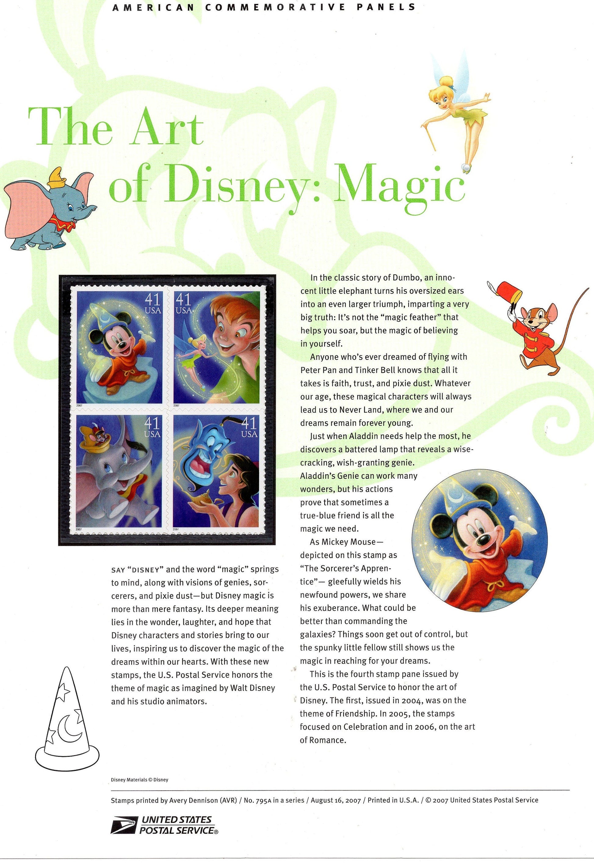 ART DISNEY MAGIC Mickey Dumbo Tinker Commemorative Panel w/Block of 4