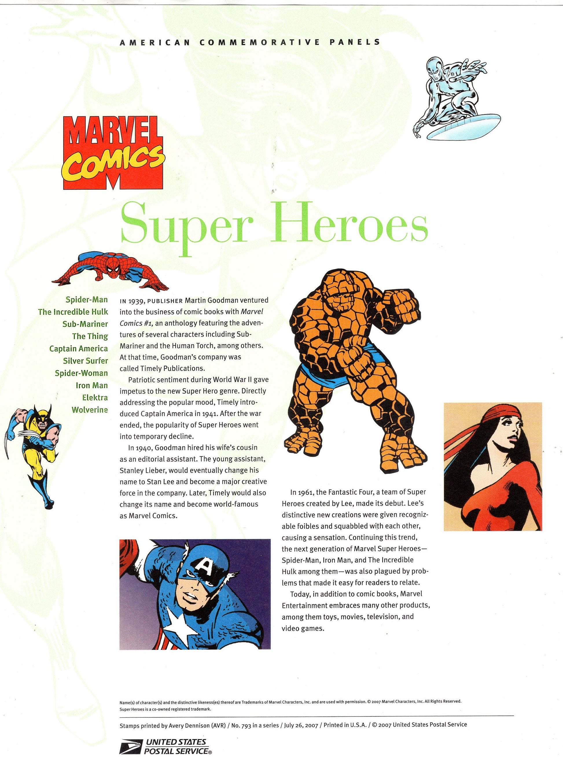 MARVEL SUPER HEROES Hulk Spiderman Surfer Sub Commemorative Panel