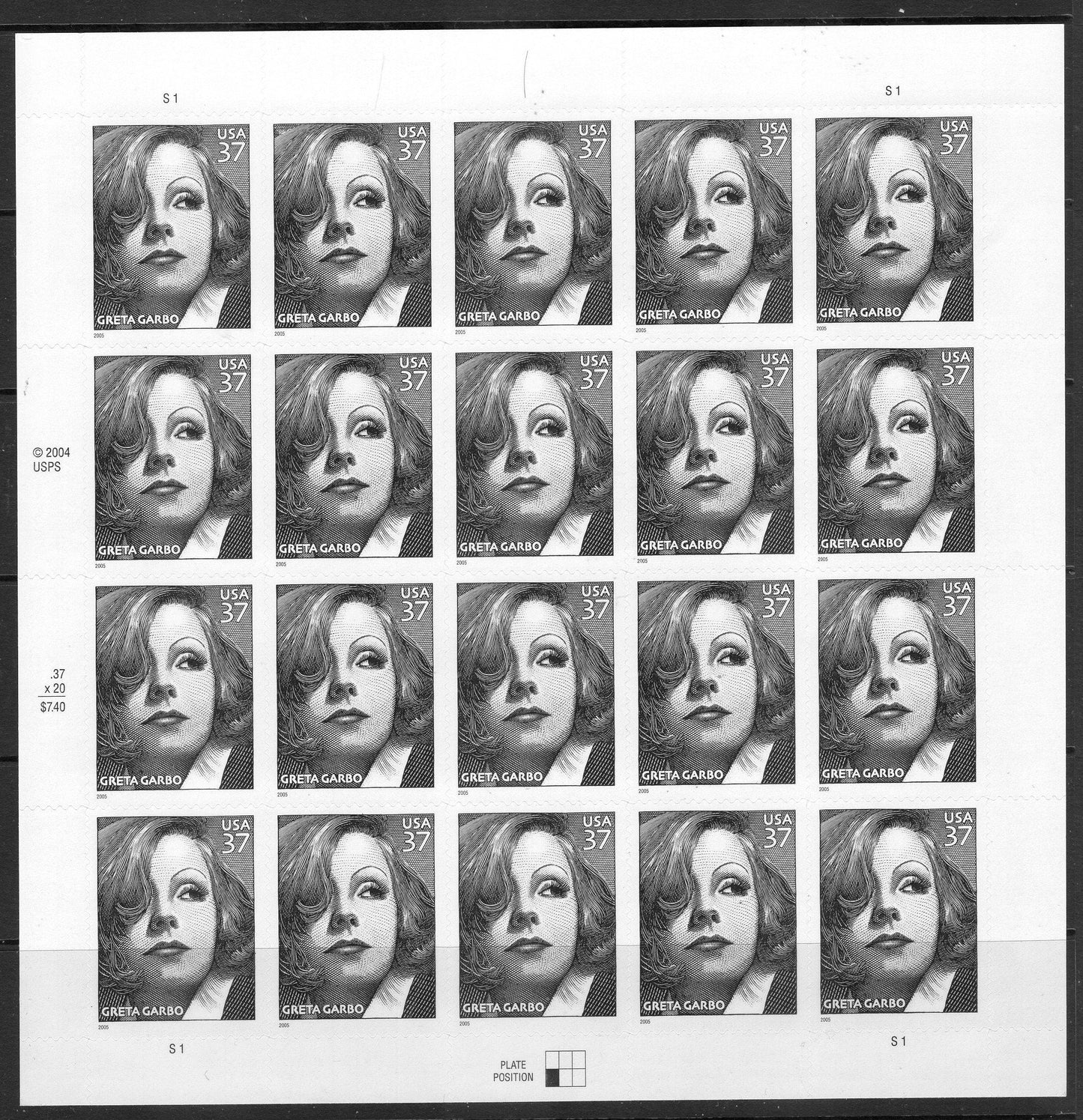 GRETA GARBO HOLLYWOOD Actress Swedish Legend Sheet of 20 Self-adhesive 37c