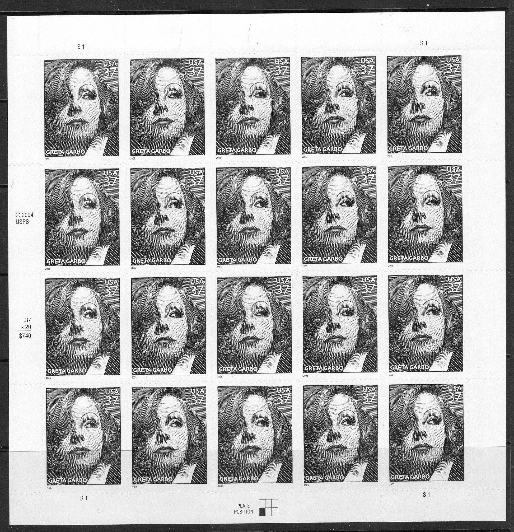 GRETA GARBO HOLLYWOOD Actress Swedish Legend Sheet of 20 Self-adhesive 37c