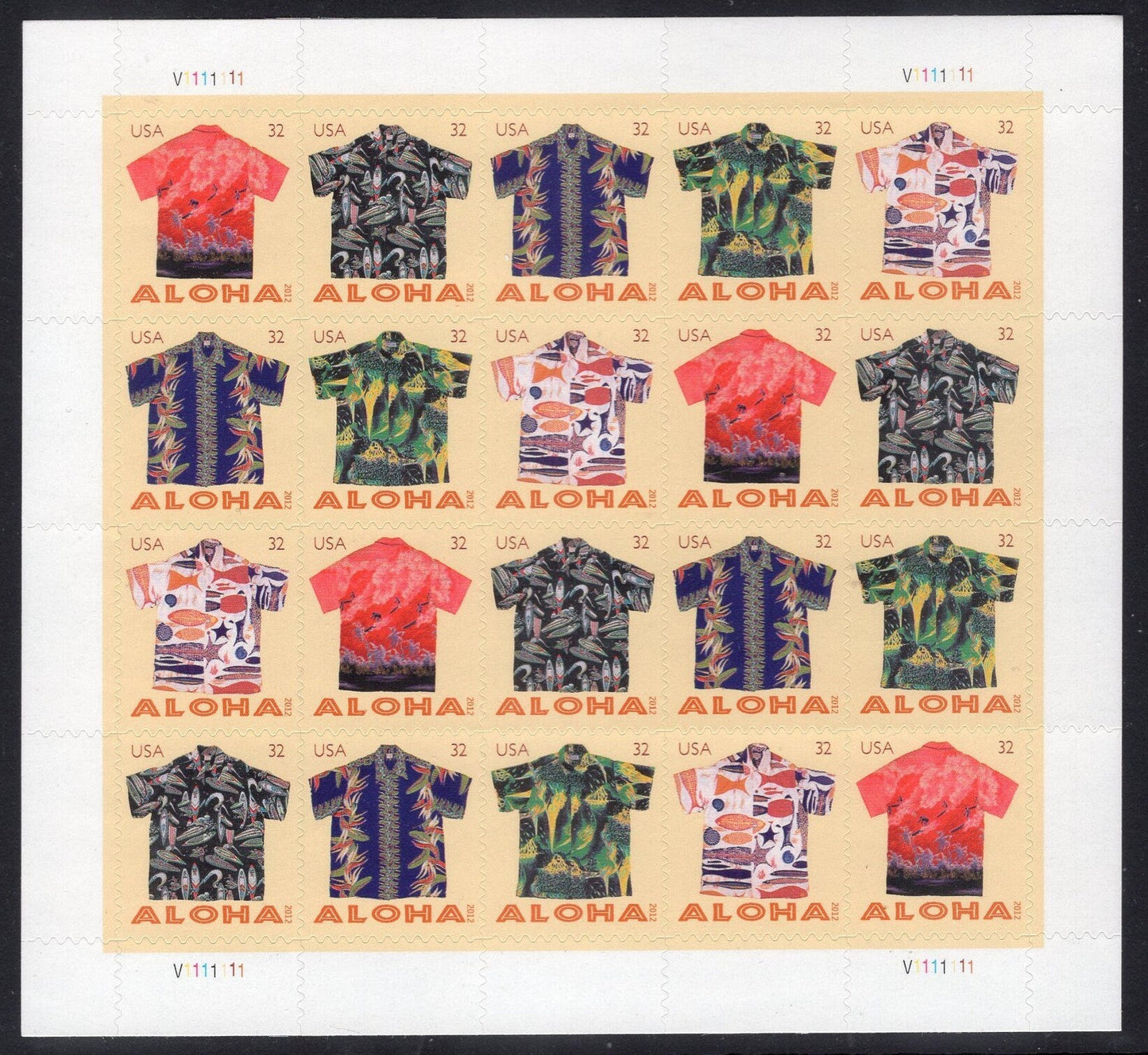 HAWAII ALOHA SHIRTS Sheet of 20 showing 4 each of 5 different Shirts