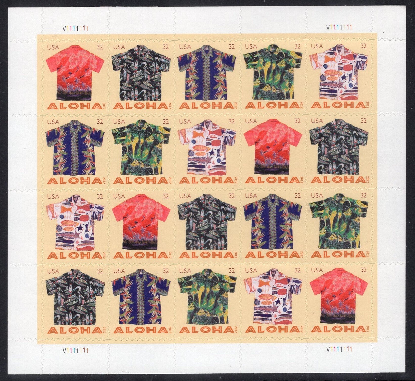 HAWAII ALOHA SHIRTS Sheet of 20 showing 4 each of 5 different Shirts