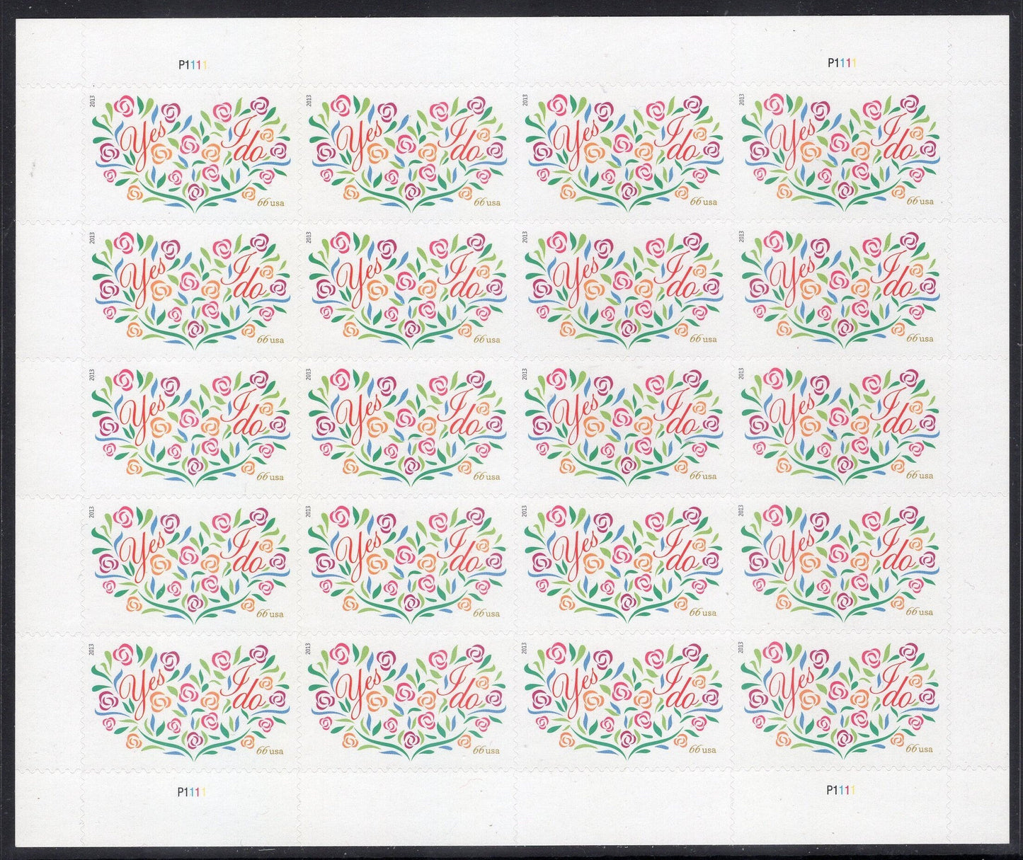 66c WEDDING FLOWERS, HEART Sheet of 20 Self-adhesive Invitations Thank You Save-the-Date