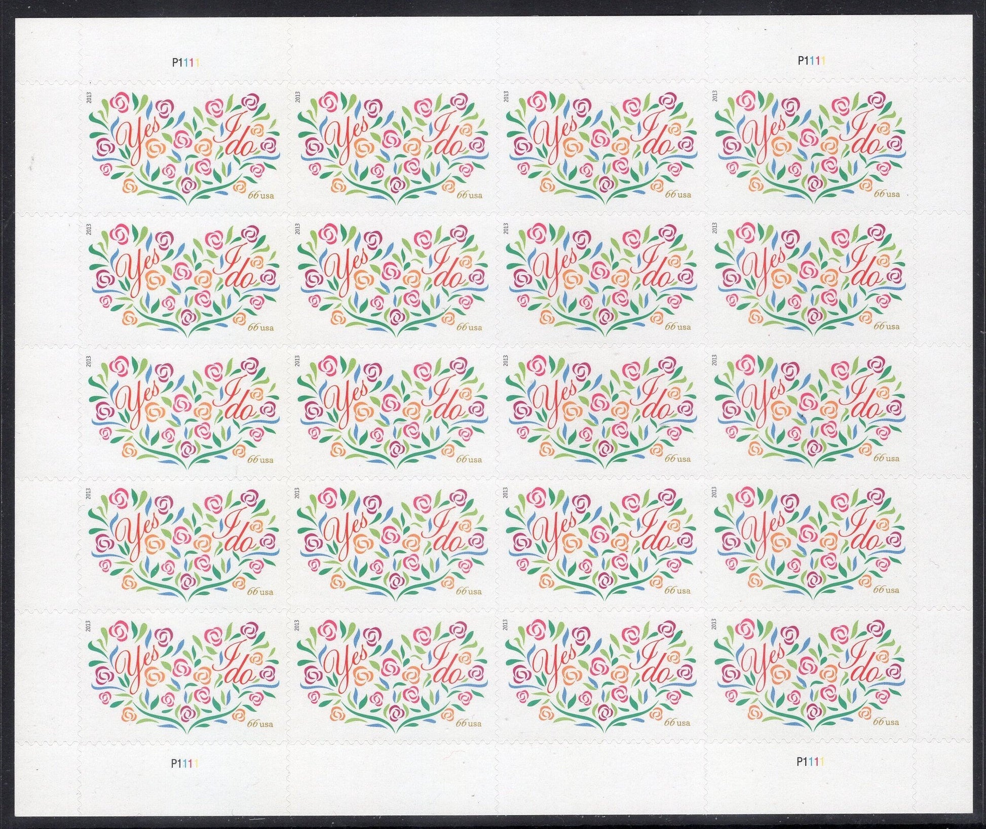 66c WEDDING FLOWERS, HEART Sheet of 20 Self-adhesive Invitations Thank You Save-the-Date