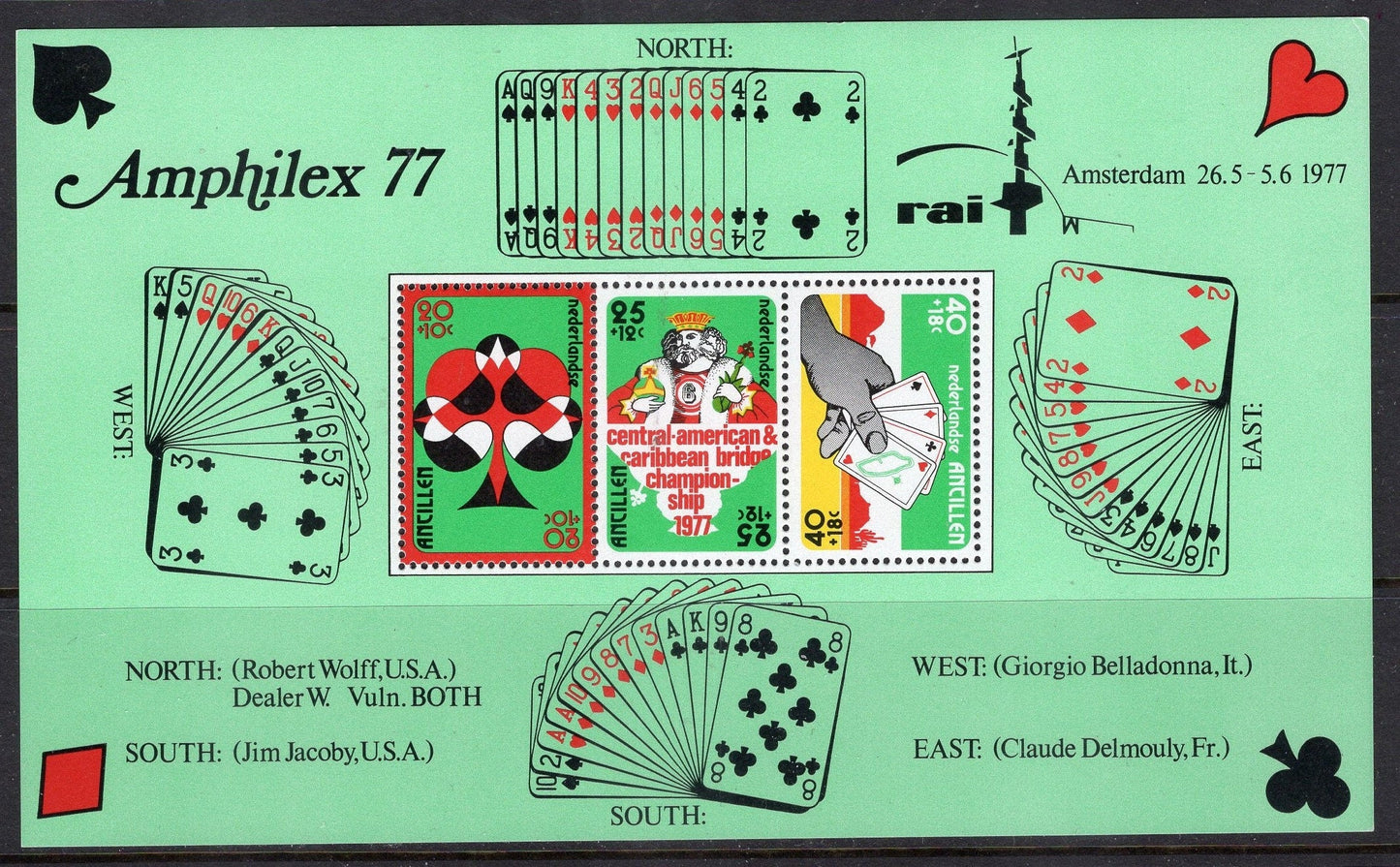 4 Sheets of PLAYING CARDS - BRIDGE Championship Deal each with 3 Netherlands Antilles
