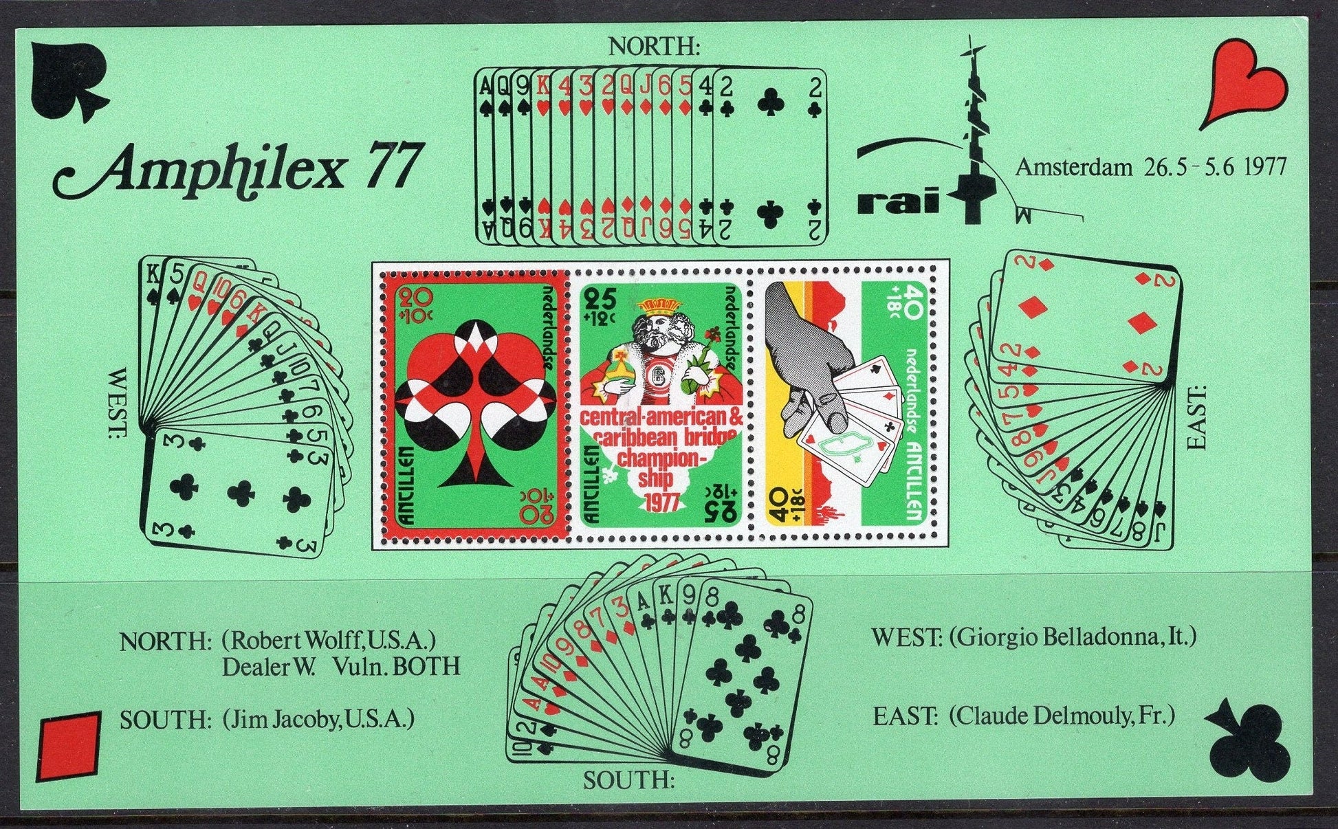 4 Sheets of PLAYING CARDS - BRIDGE Championship Deal each with 3 Netherlands Antilles