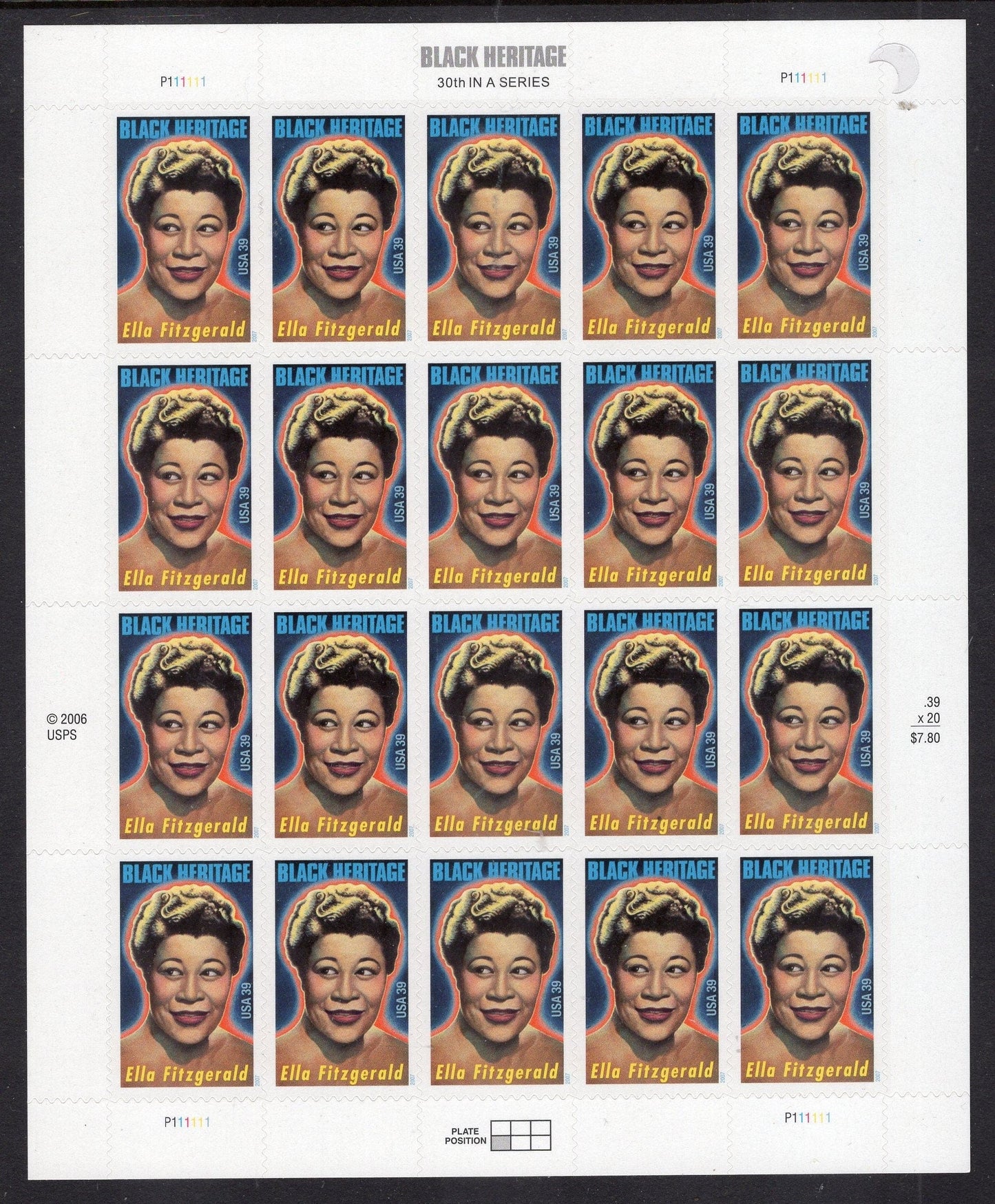 ELLA FITZGERALD HERITAGE Black American Singer Scat Sheet of 20