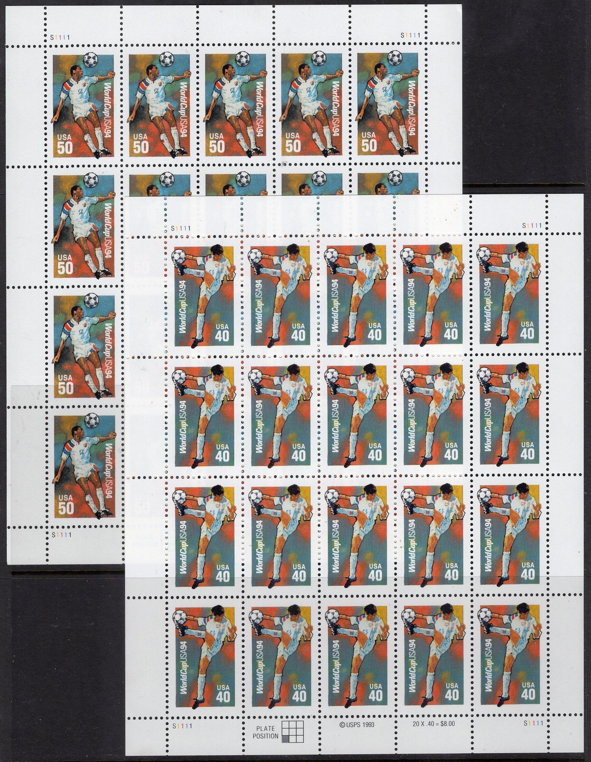 40c + 50c SOCCER FOOTBALL 2 Sheets of 20 (1 each denomination)