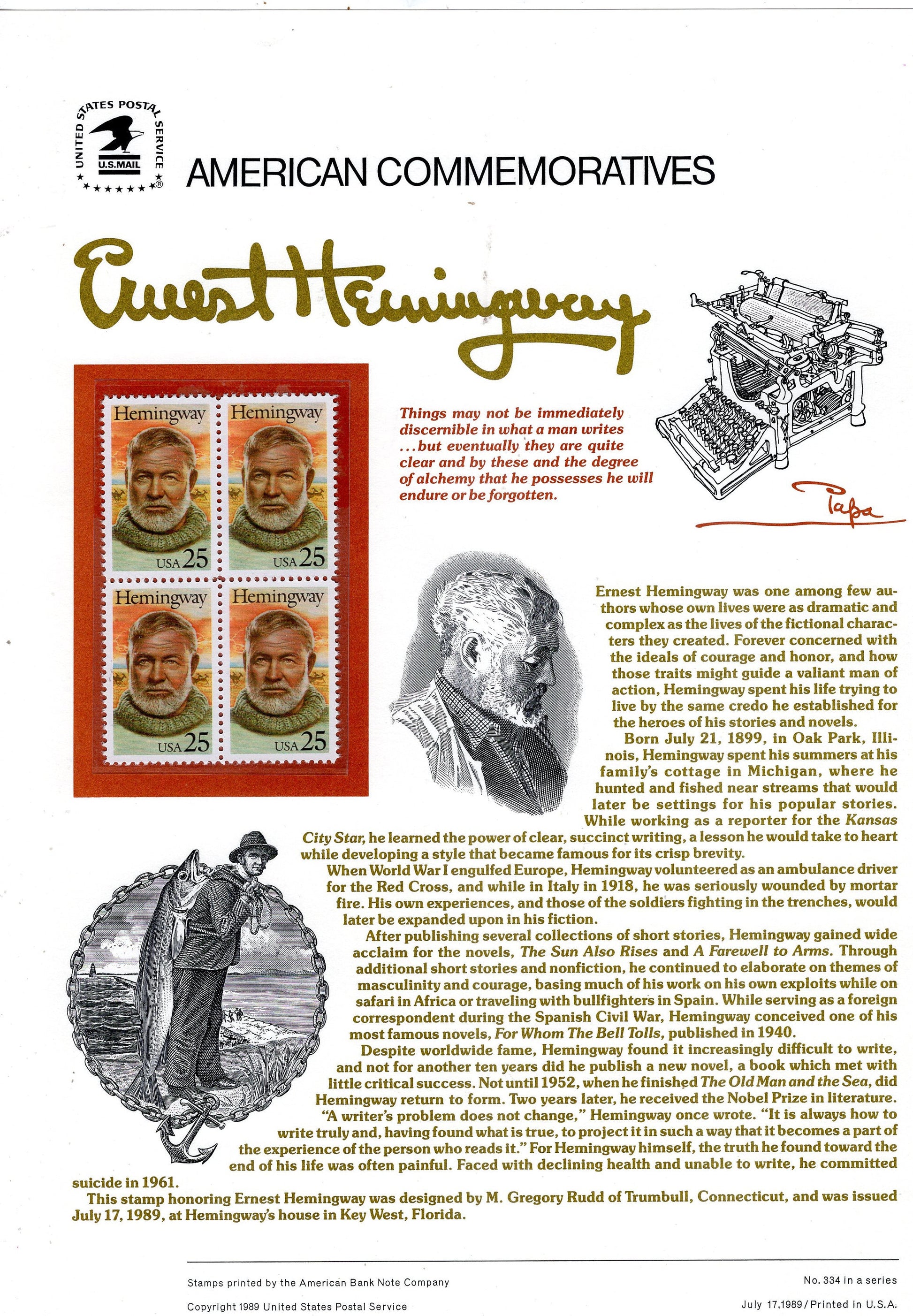 ERNEST HEMINGWAY AUTHOR Special Commemorative Panel