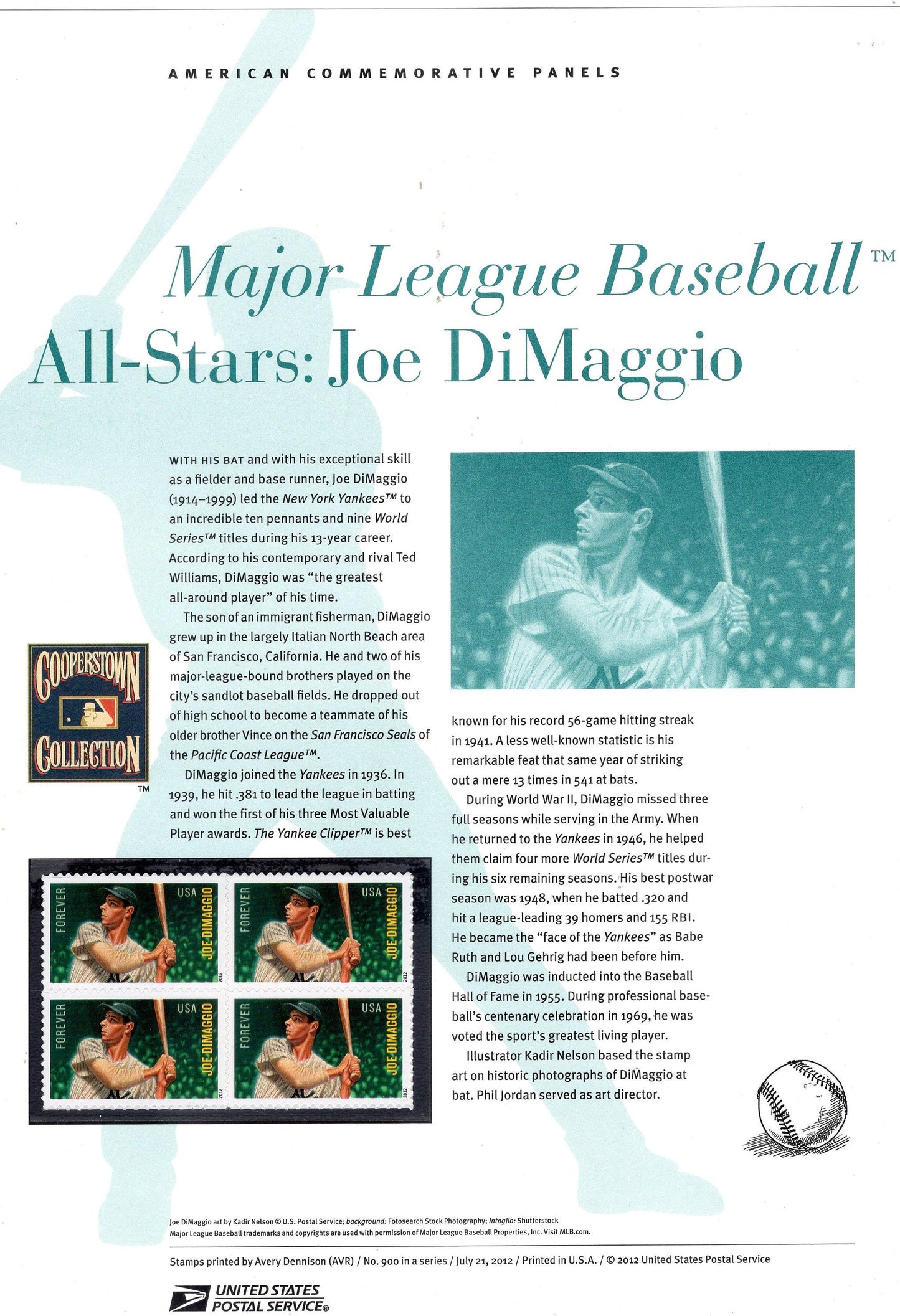 JOE DiMAGGIO YANKEES Baseball HoF Special Commemorative Panel