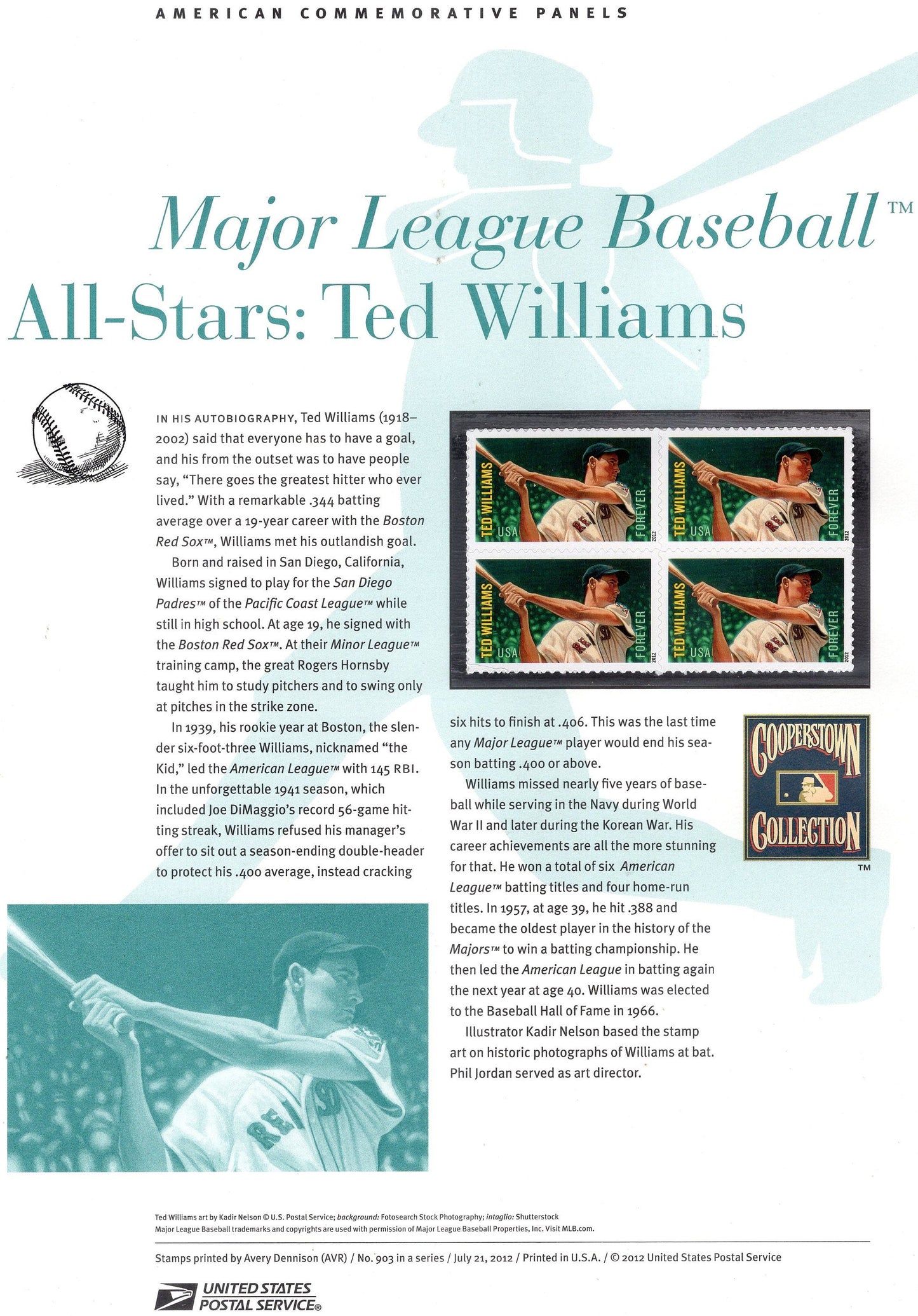 TED WILLIAMS BOSTON Red Sox Baseball Special Commemorative Panel