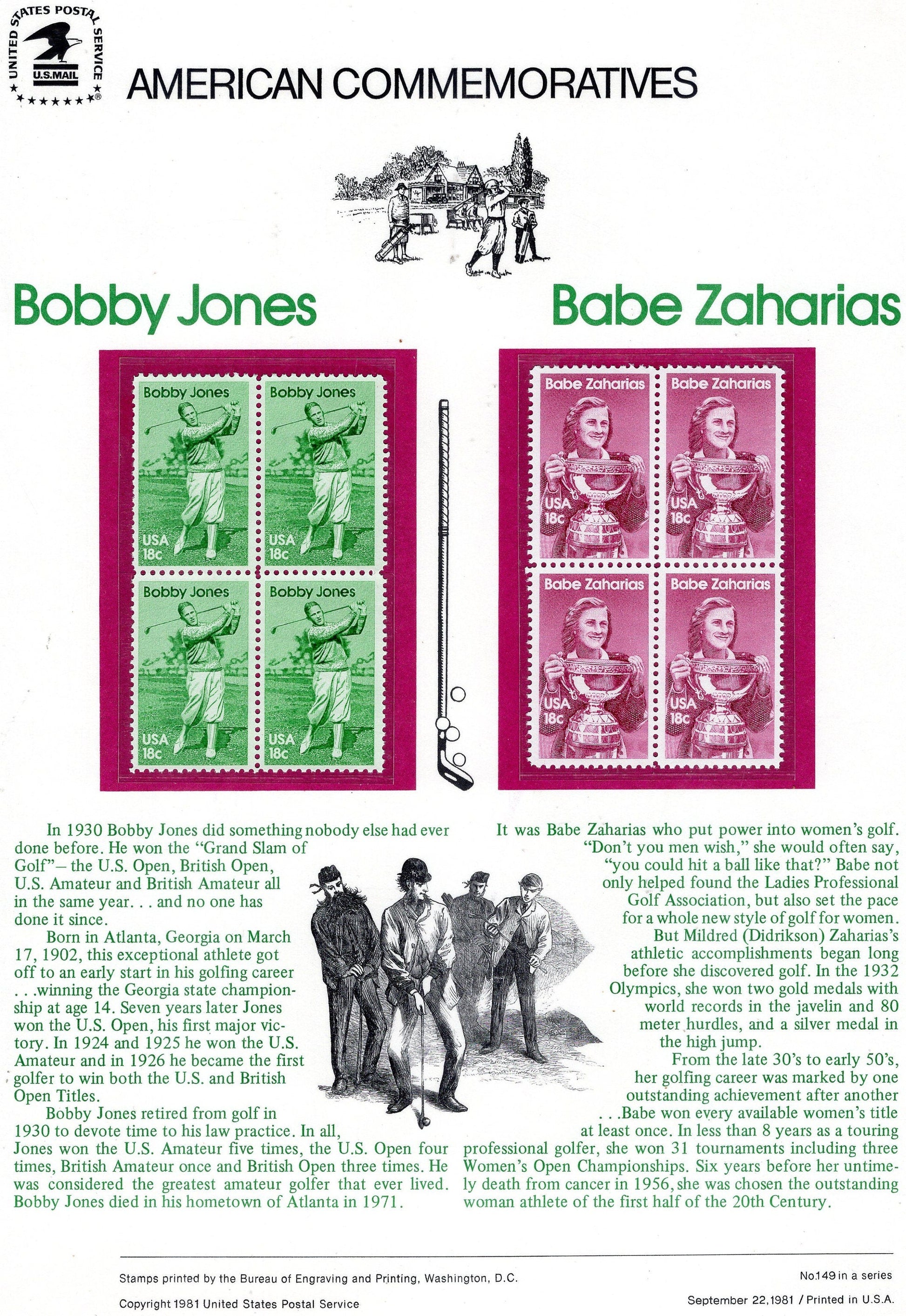 GOLF GREATS Bobby JONES Babe Zaharias Special Commemorative Panel