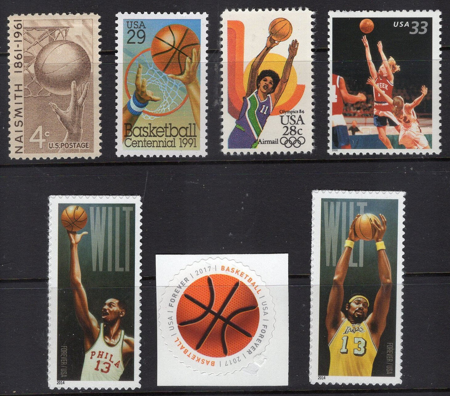 United States • Scott • 1 BASKETBALL COLLECTION of 7 Stamps Great Gift! - Chamberlain Naismith Girls more • NH