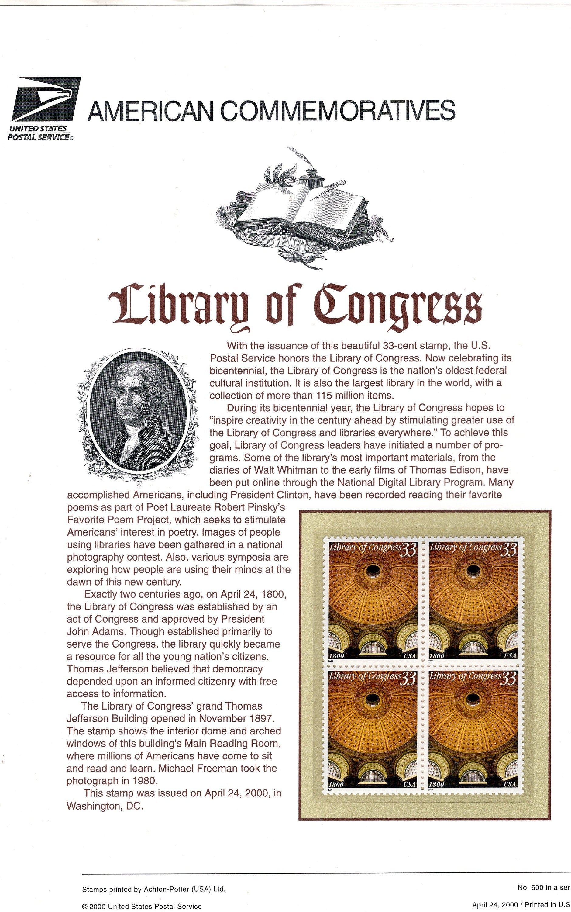 LIBRARY of CONGRESS JEFFERSON Commemorative Panel w/ Block of 4