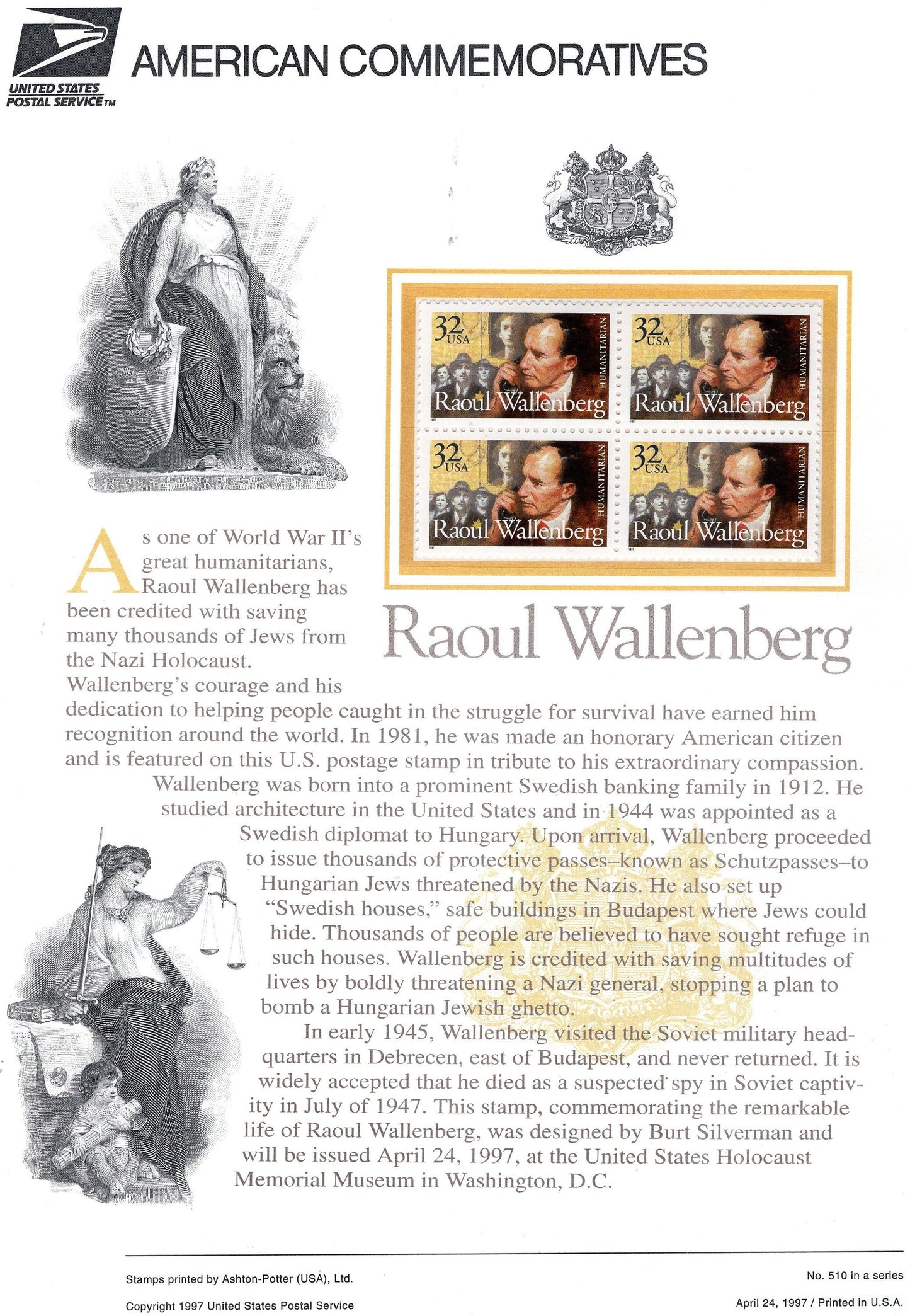 RAOUL WALLENBERG JEWISH Refugees Special Commemorative Panel