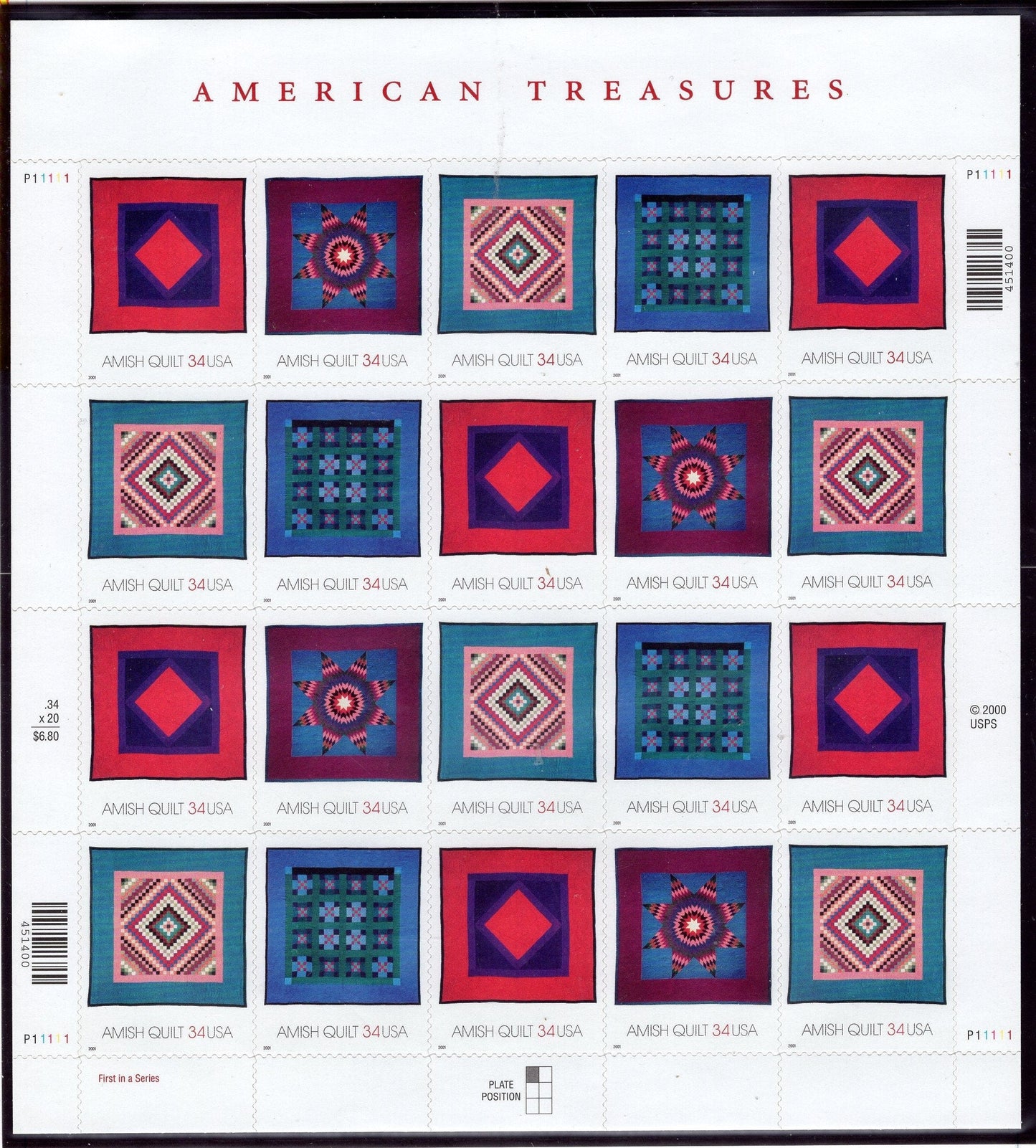 United States • Scott • 1 AMISH QUILT Sheet of 20 Stamps Diamond in Squares - Lone Star • NH